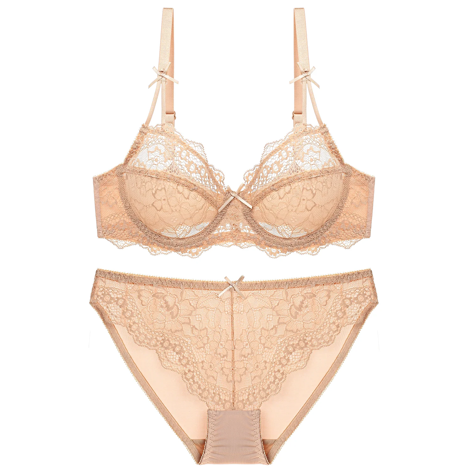 Apricot Mesh Lace Trim Underwire Bra Lingerie - Image 2