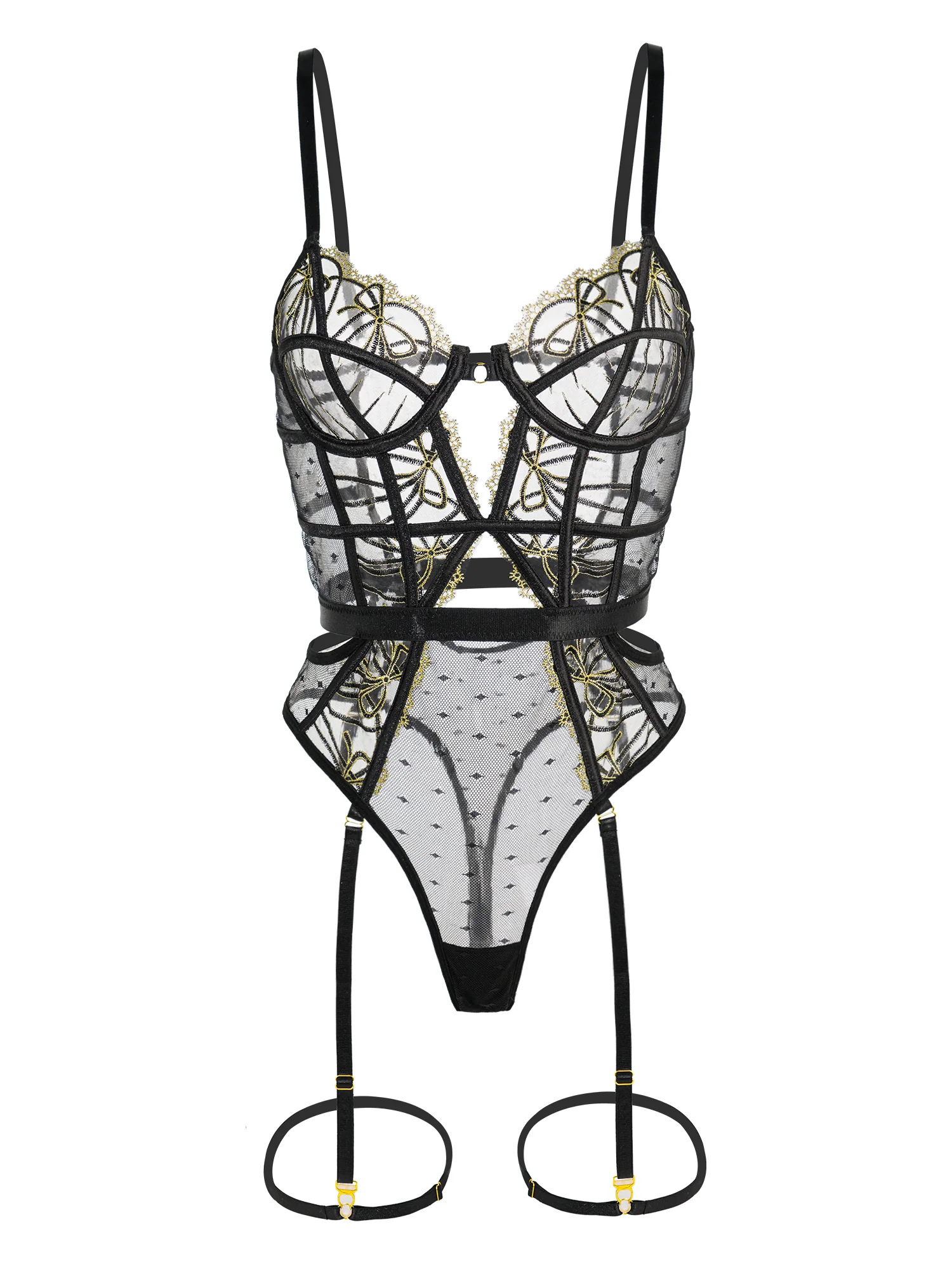 Black Gold-threaded Butterfly Bow Lace Bodysuit - Image 19