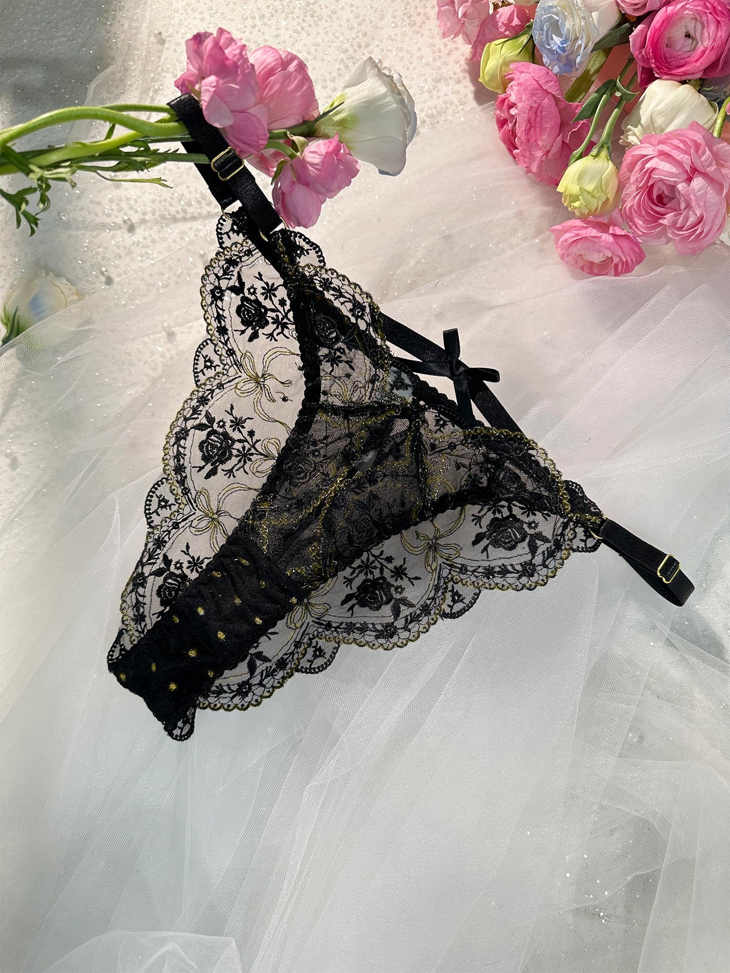 Black &Gold Embroidery Thong - Image 2