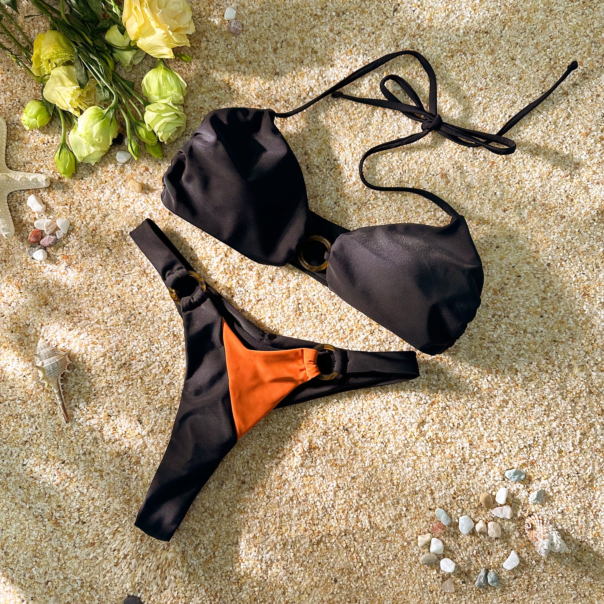 Black/green two-fabric color-block halter bikini set - Image 7