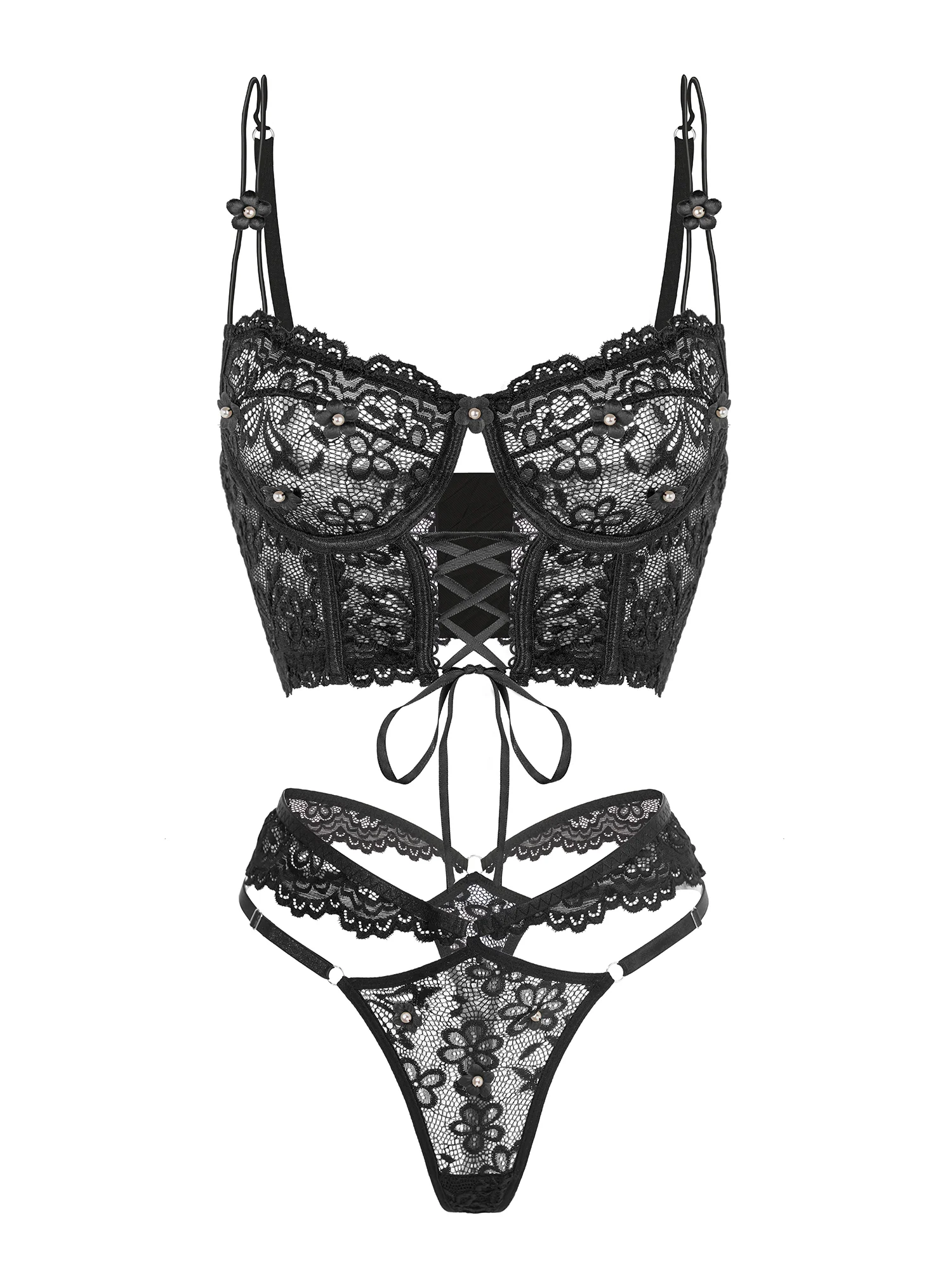 Black Pearls Small Flower Lace Lingerie Set - Image 3