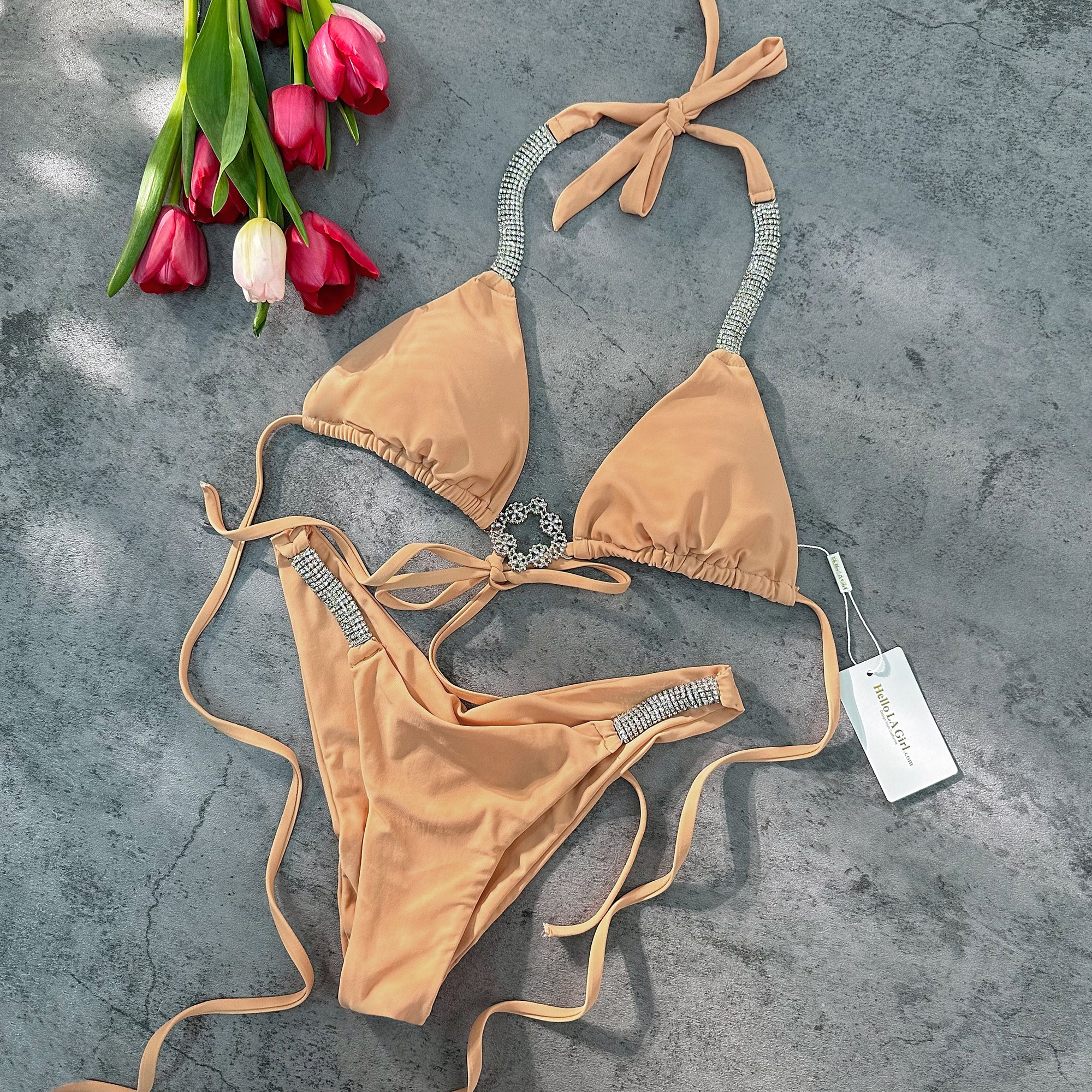 Apricot Luxury Rhinestone Ruched Bottom Solid Halter bikini Set - Image 6