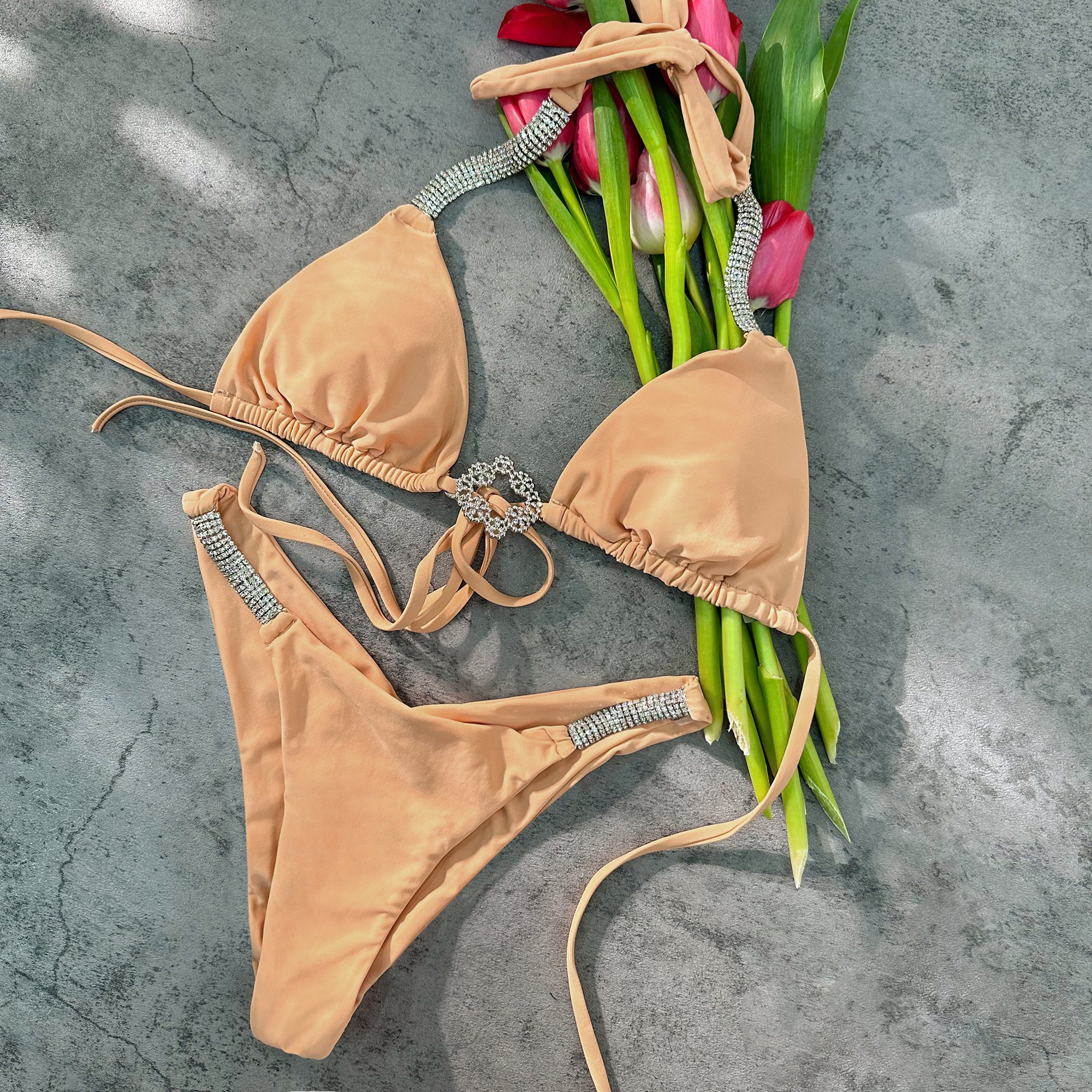 Apricot Luxury Rhinestone Ruched Bottom Solid Halter bikini Set - Image 8