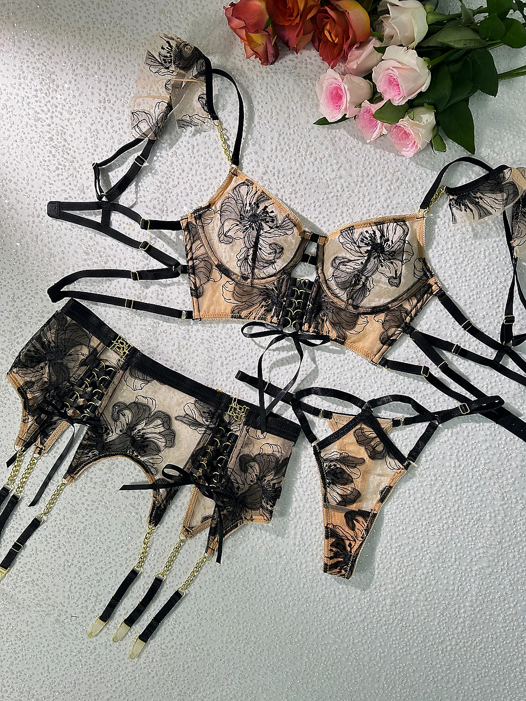 Black&Nude Ribbon Sculpting Body Lingerie Set - Image 13