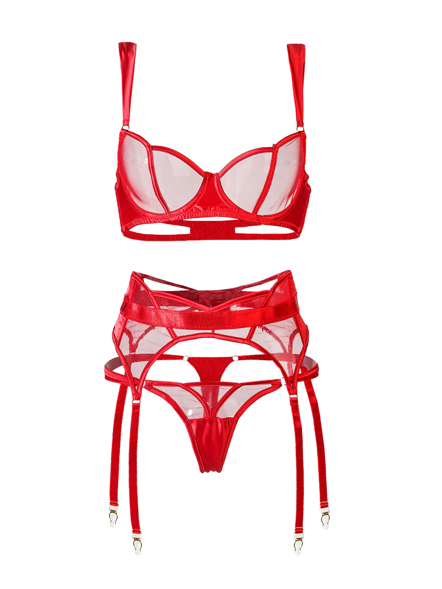 Sheer Mesh & Satin Strappy Lingerie Set - Image 11