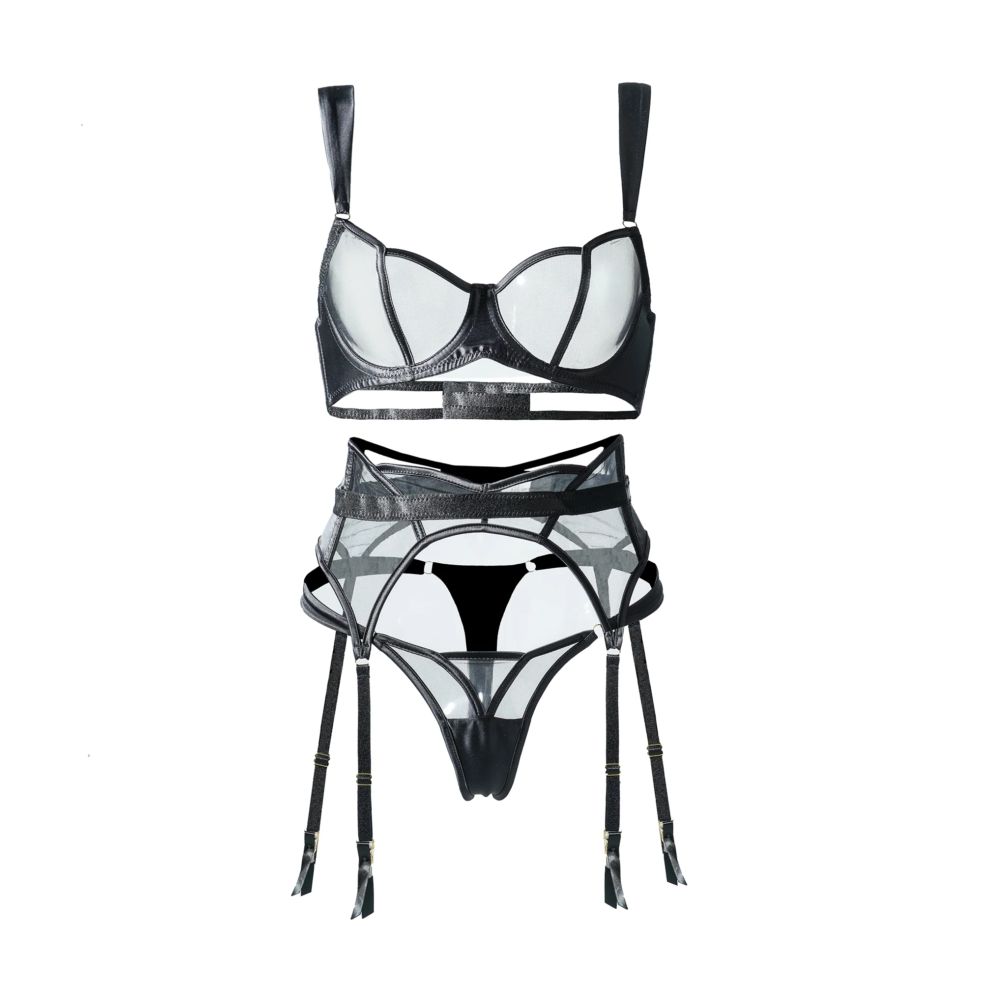 Sheer Mesh & Satin Strappy Lingerie Set - Image 3