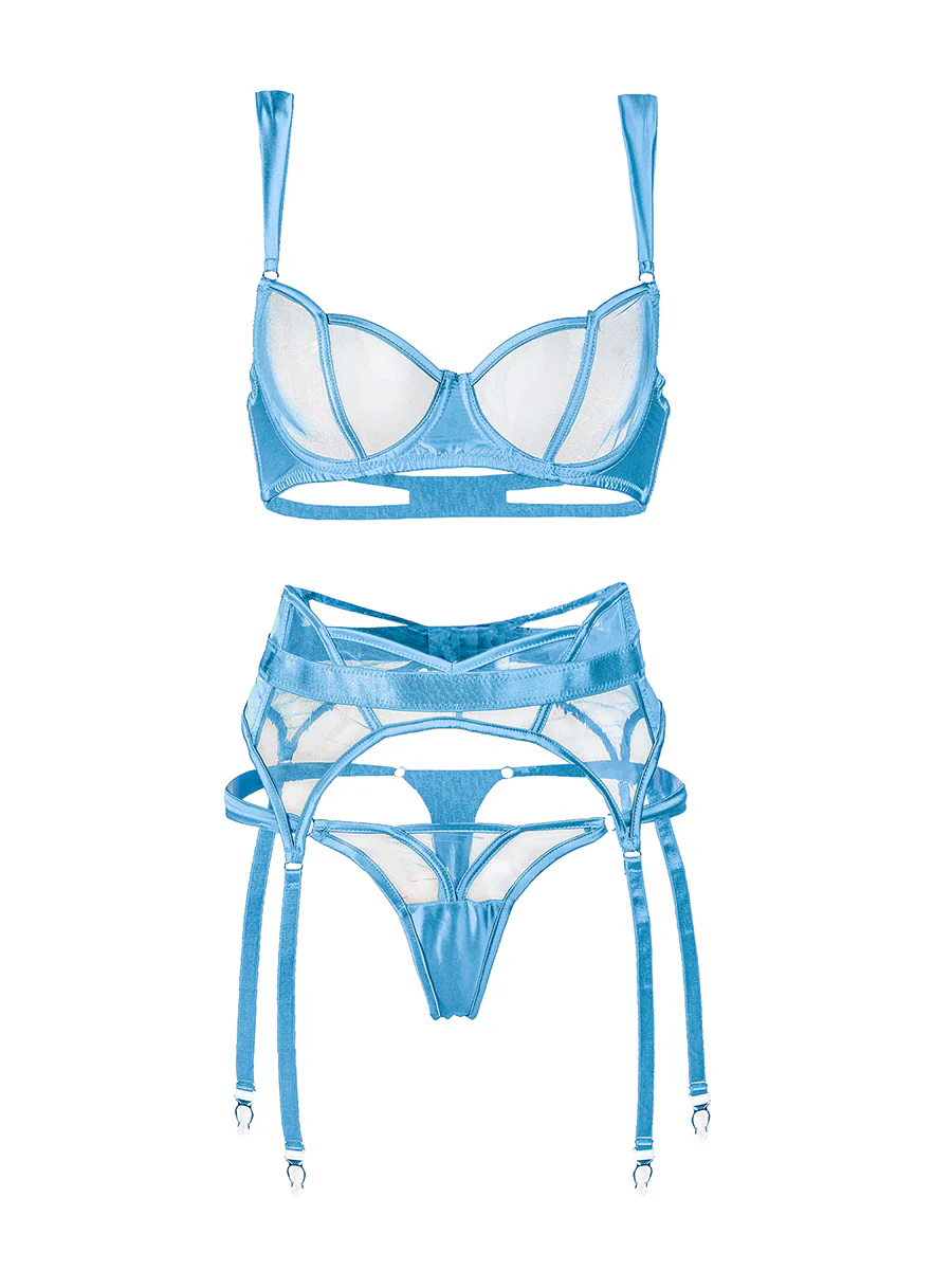 Sheer Mesh & Satin Strappy Lingerie Set - Image 6
