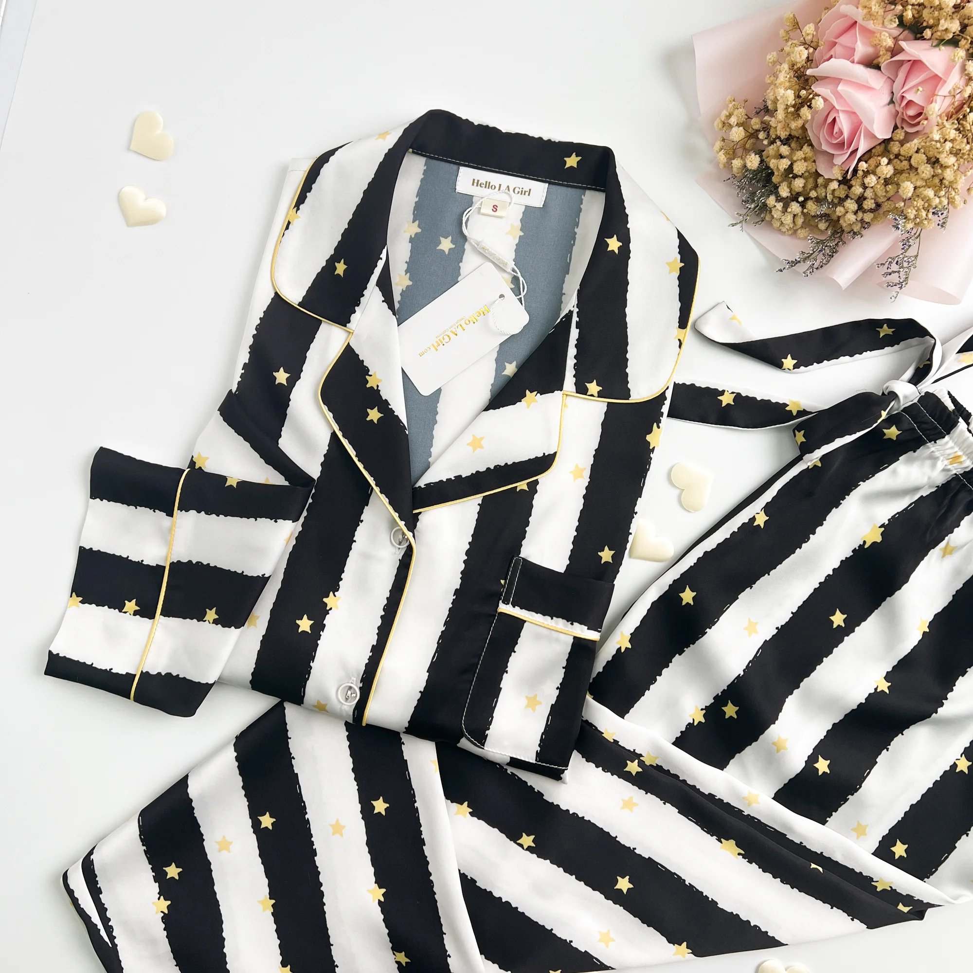 Black Stripe Golde Stars Print Silky Satin Pajamas Set - Image 10