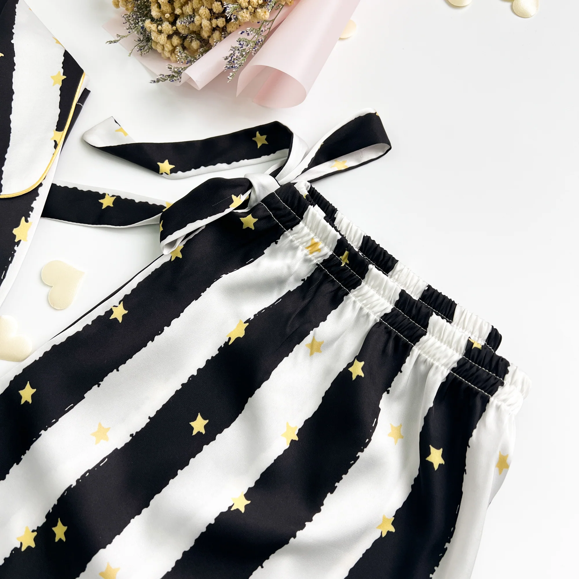 Black Stripe Golde Stars Print Silky Satin Pajamas Set - Image 11