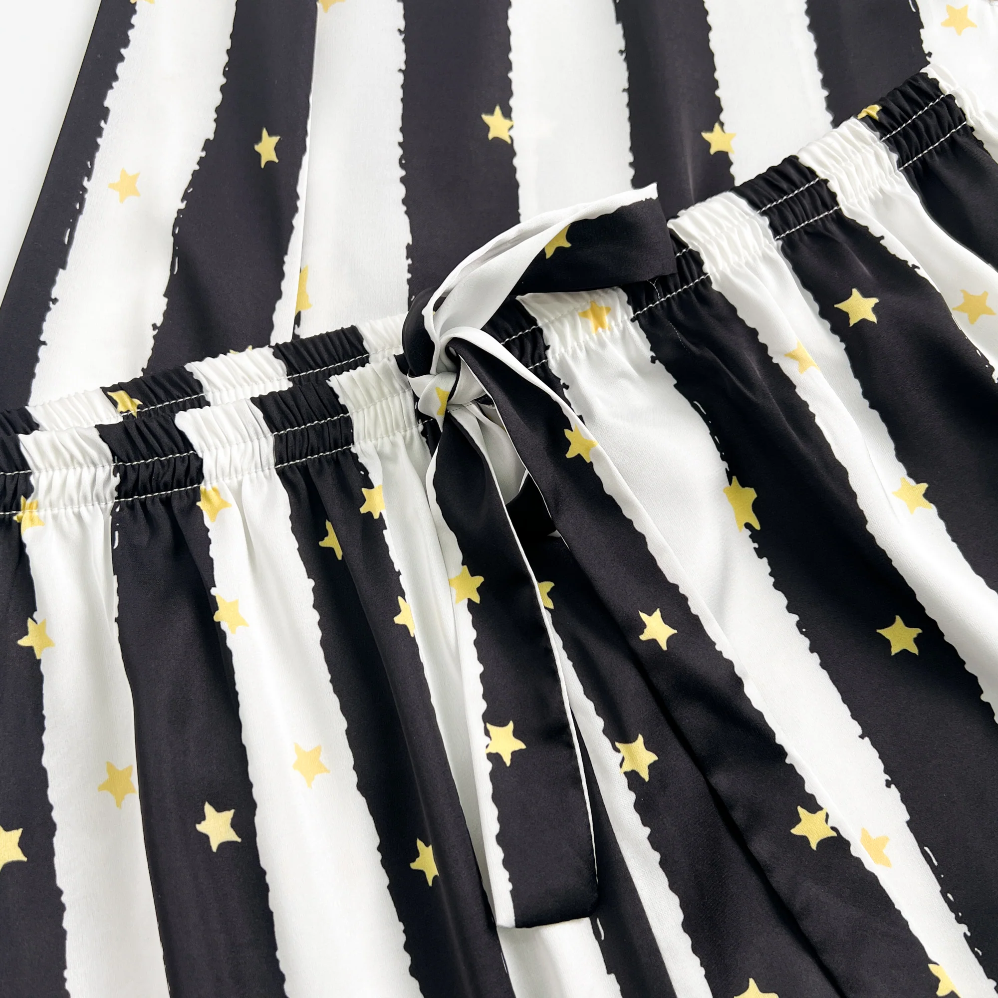 Black Stripe Golde Stars Print Silky Satin Pajamas Set - Image 13