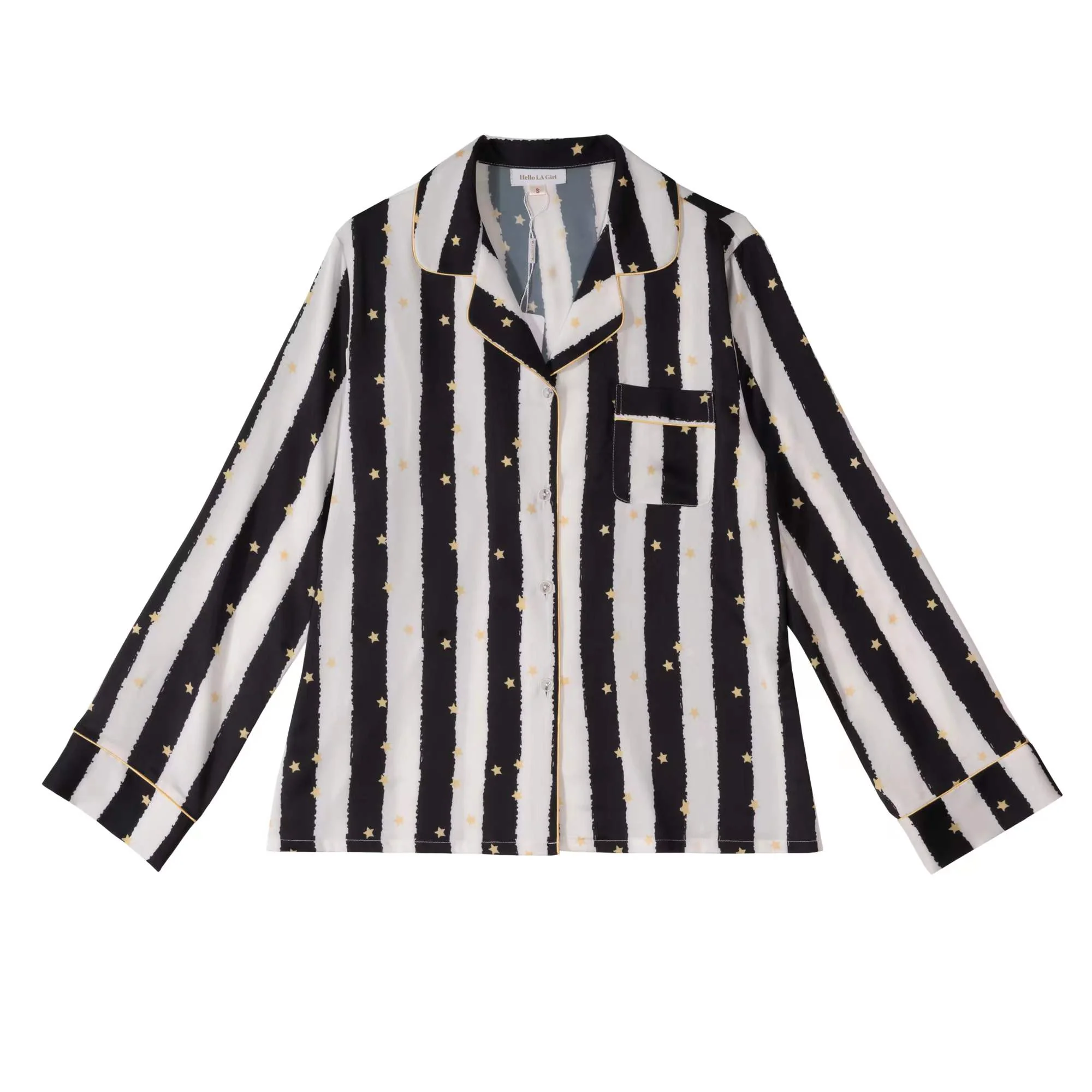 Black Stripe Golde Stars Print Silky Satin Pajamas Set - Image 17