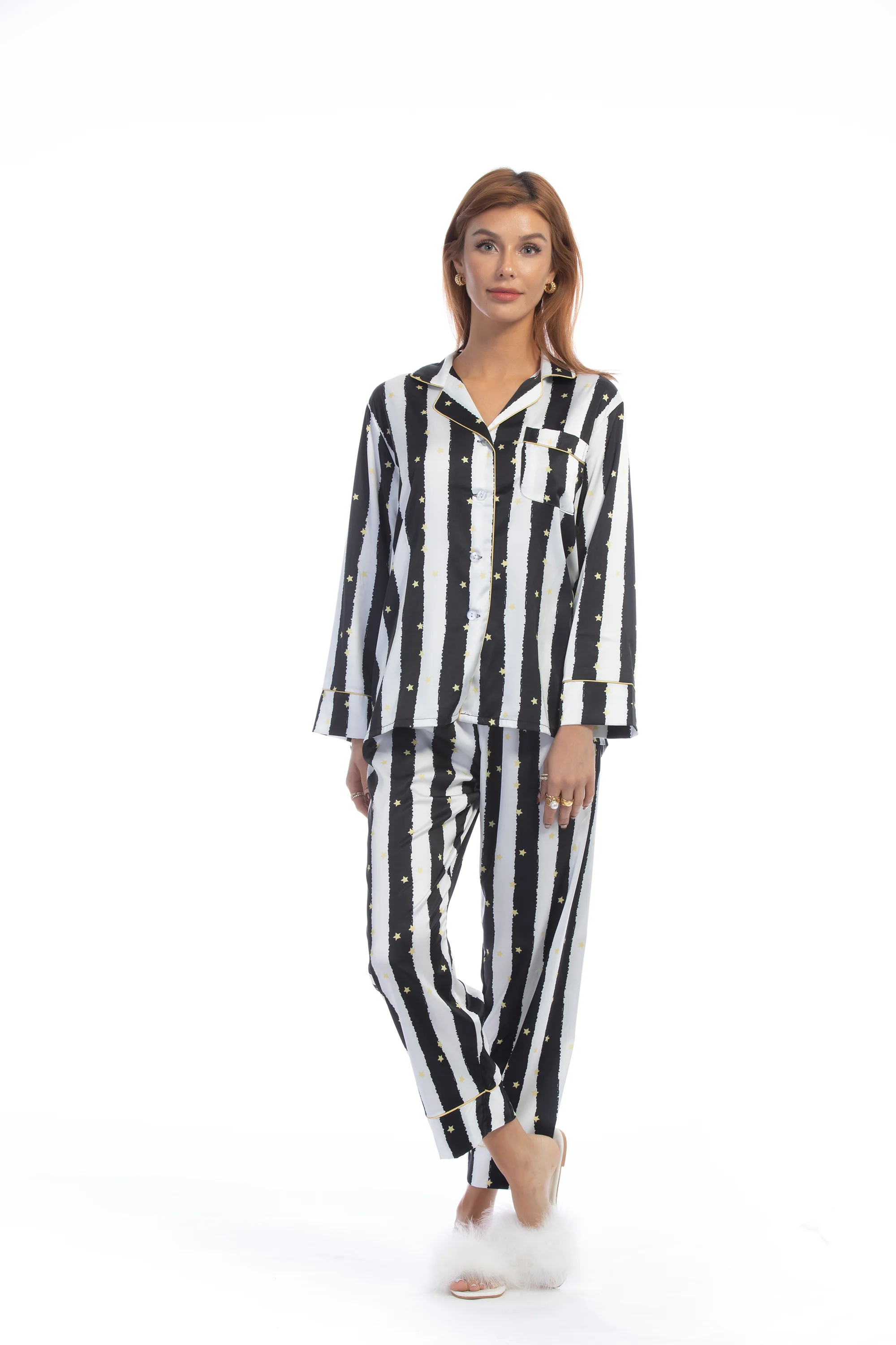 Black Stripe Golde Stars Print Silky Satin Pajamas Set - Image 5