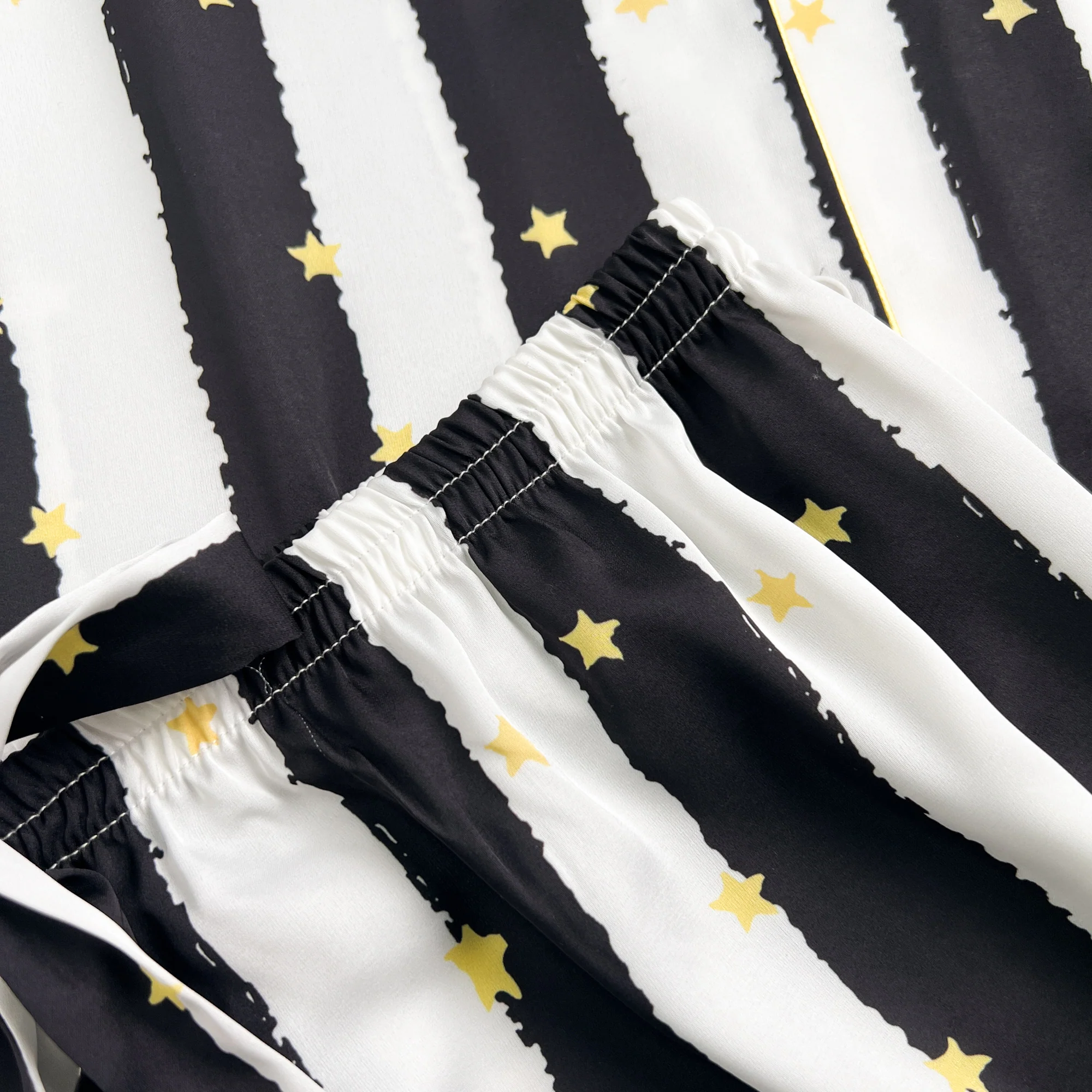 Black Stripe Golde Stars Print Silky Satin Pajamas Set - Image 7