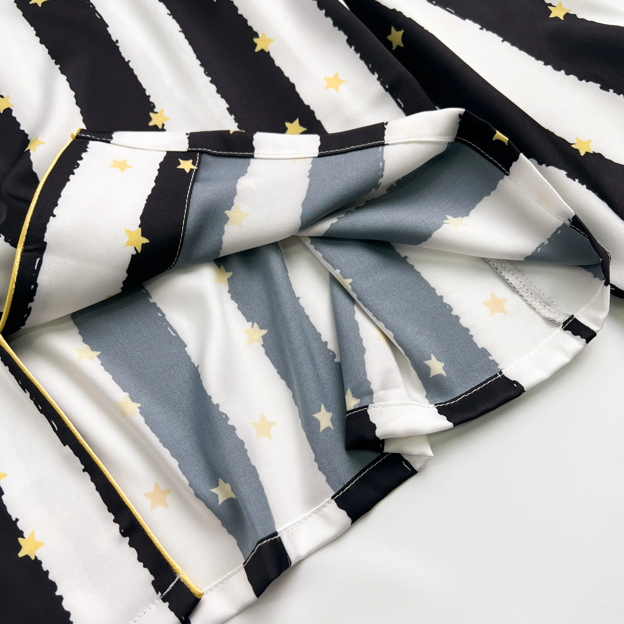 Black Stripe Golde Stars Print Silky Satin Pajamas Set - Image 8