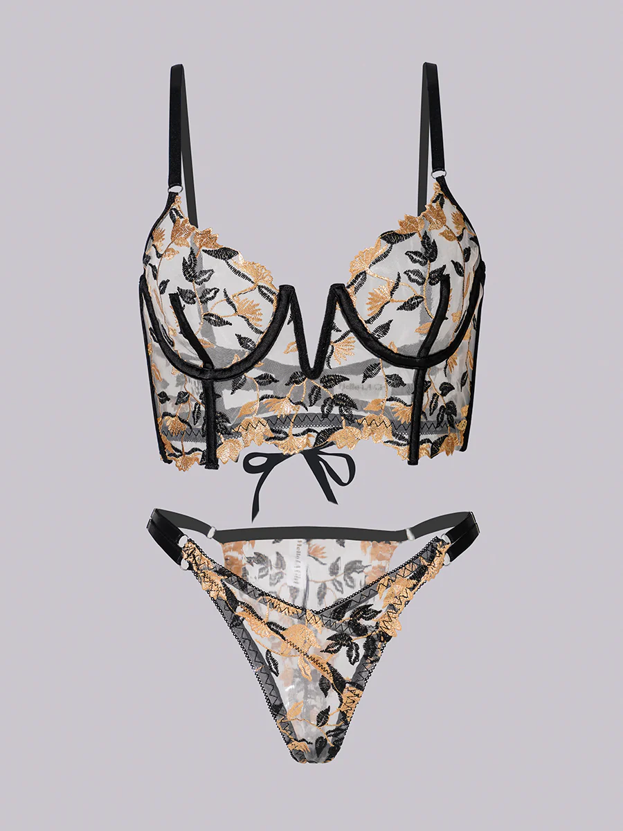 Black Embroidered Corset & Panty Lingerie Set - Image 10