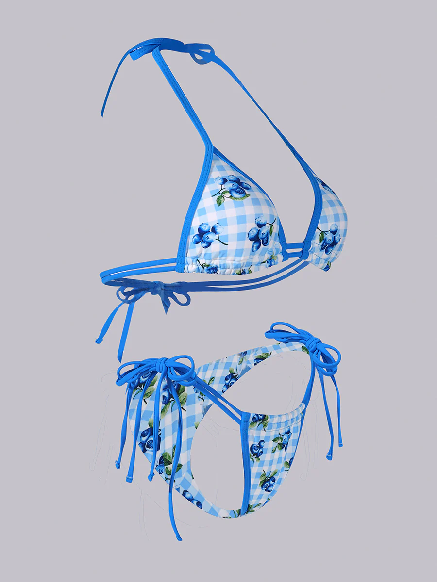 Blue Blueberry Print Double Fabric Bikini Set - Image 6