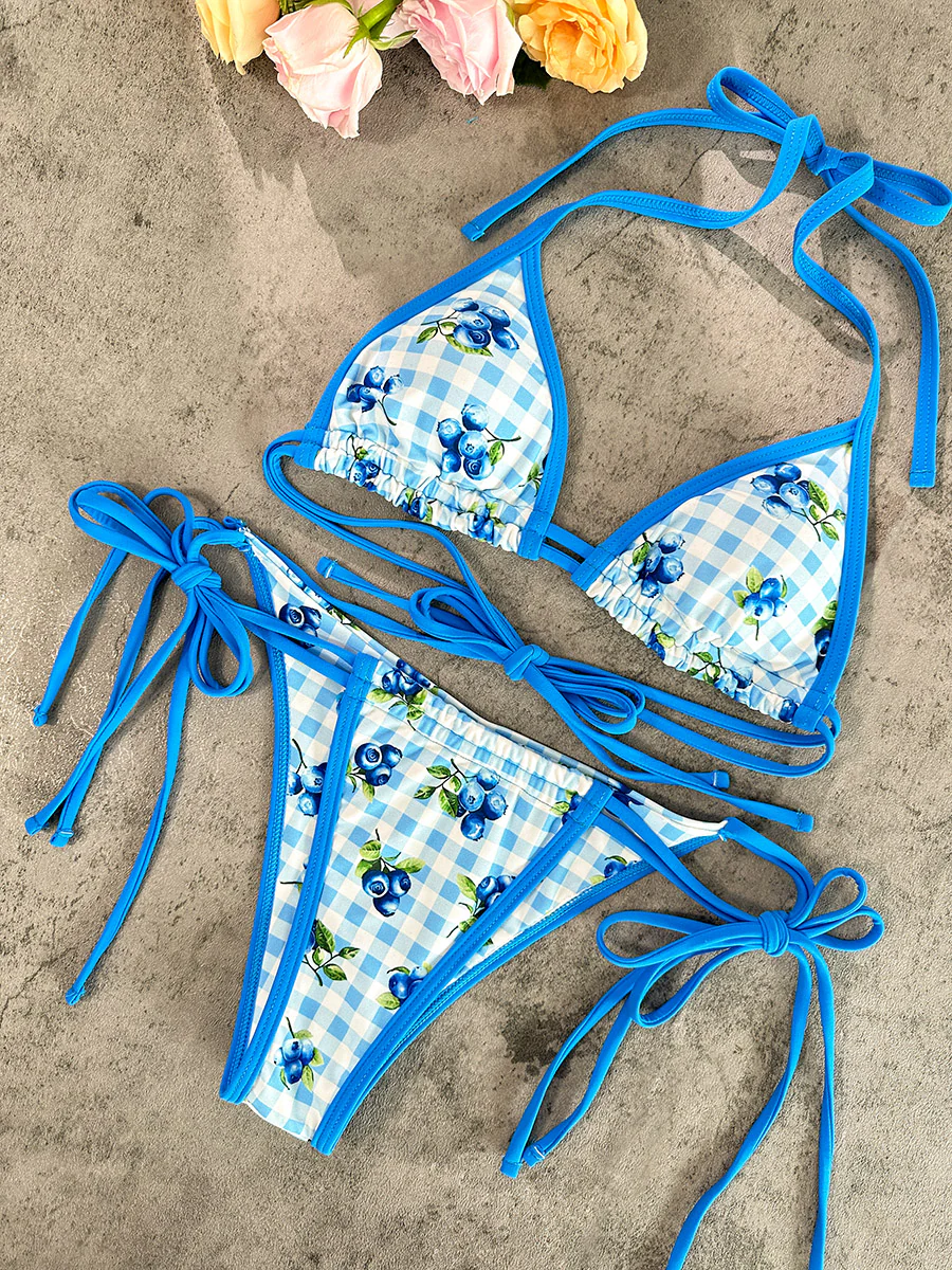 Blue Blueberry Print Double Fabric Bikini Set - Image 7