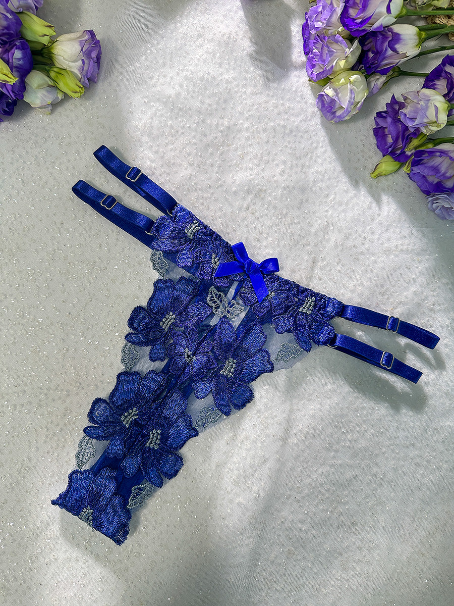 Blue Floral Embroidery Bustier Straps Lingerie Set - Image 11