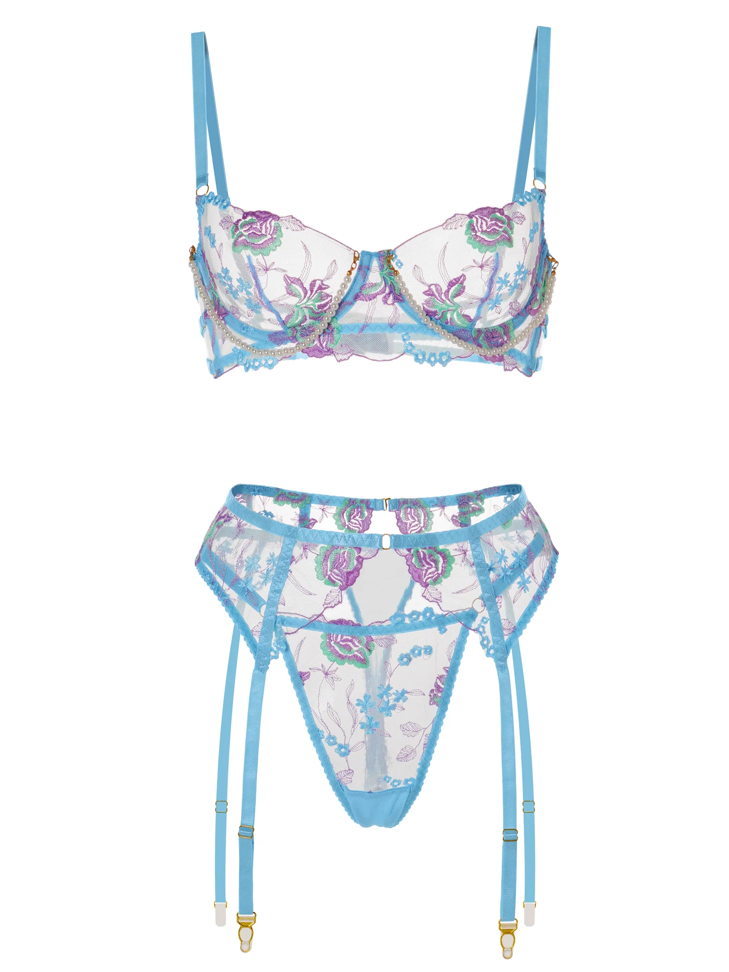 Blue Floral Embroidery Pearl Chain Lingerie Set - Image 12