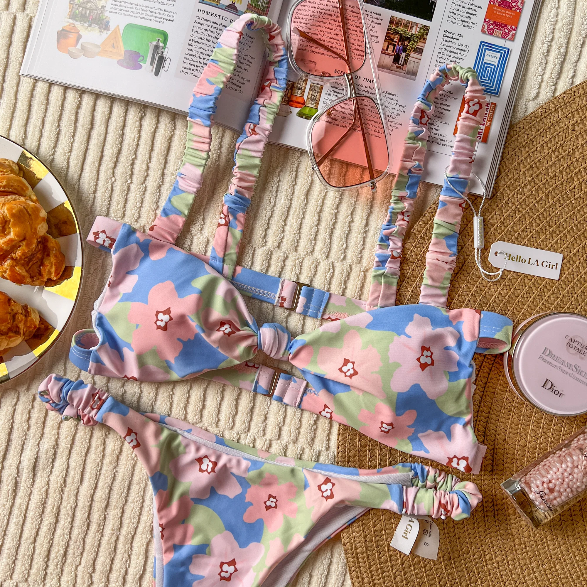Blue Floral Print Bandeau Bikini Set - Image 4