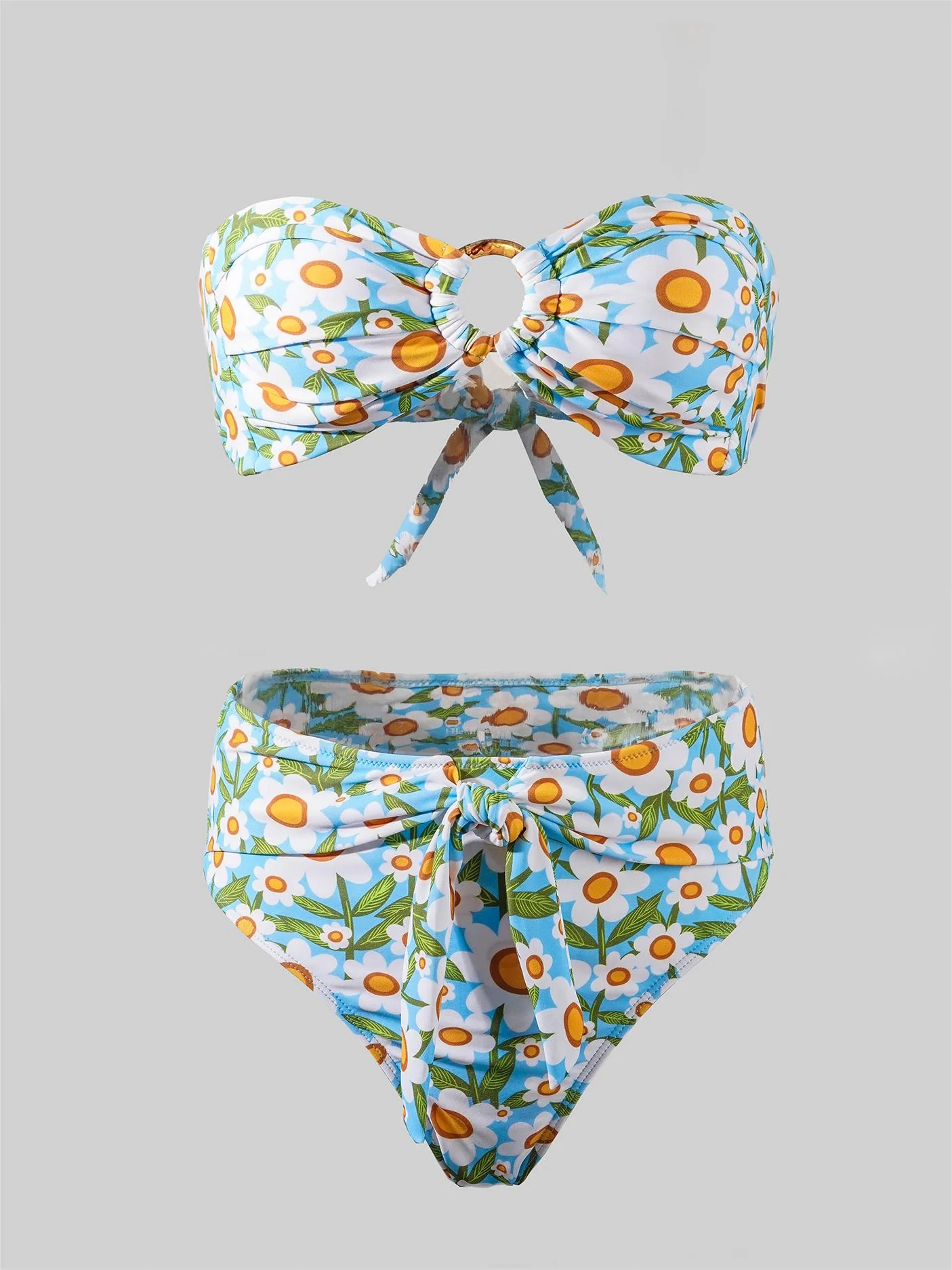 Blue Floral Print Double layer High-Waisted Bikini Set - Image 5