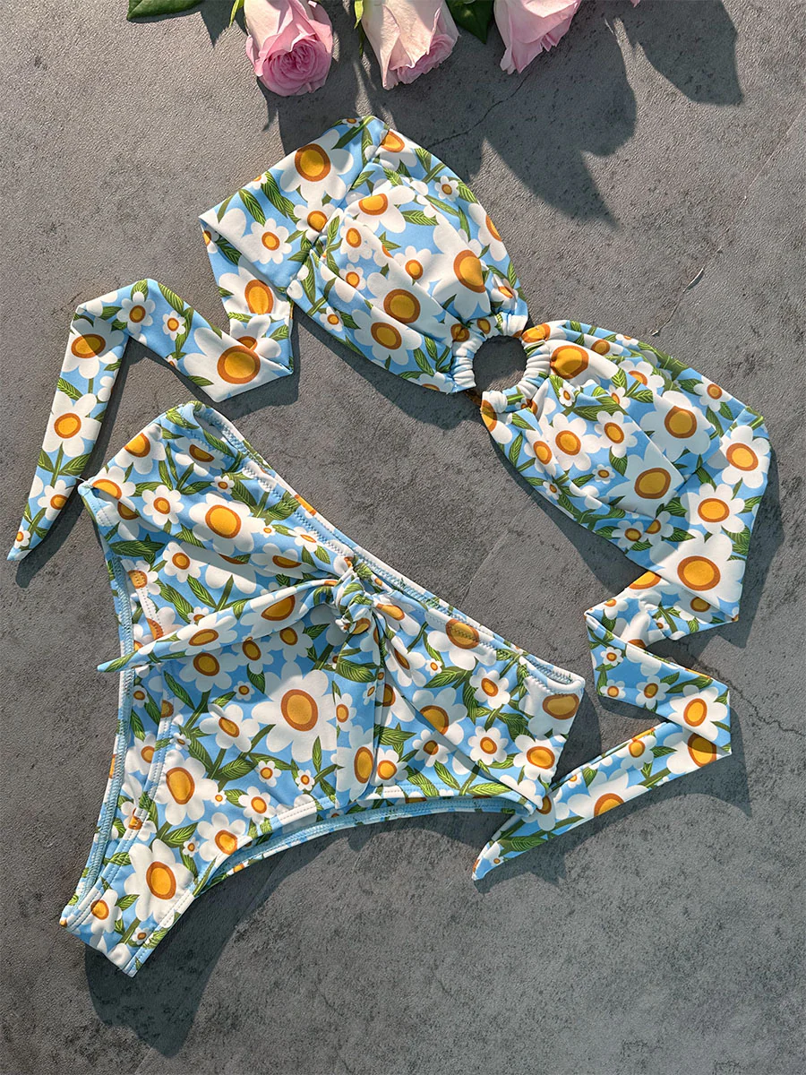 Blue Floral Print Double layer High-Waisted Bikini Set - Image 7