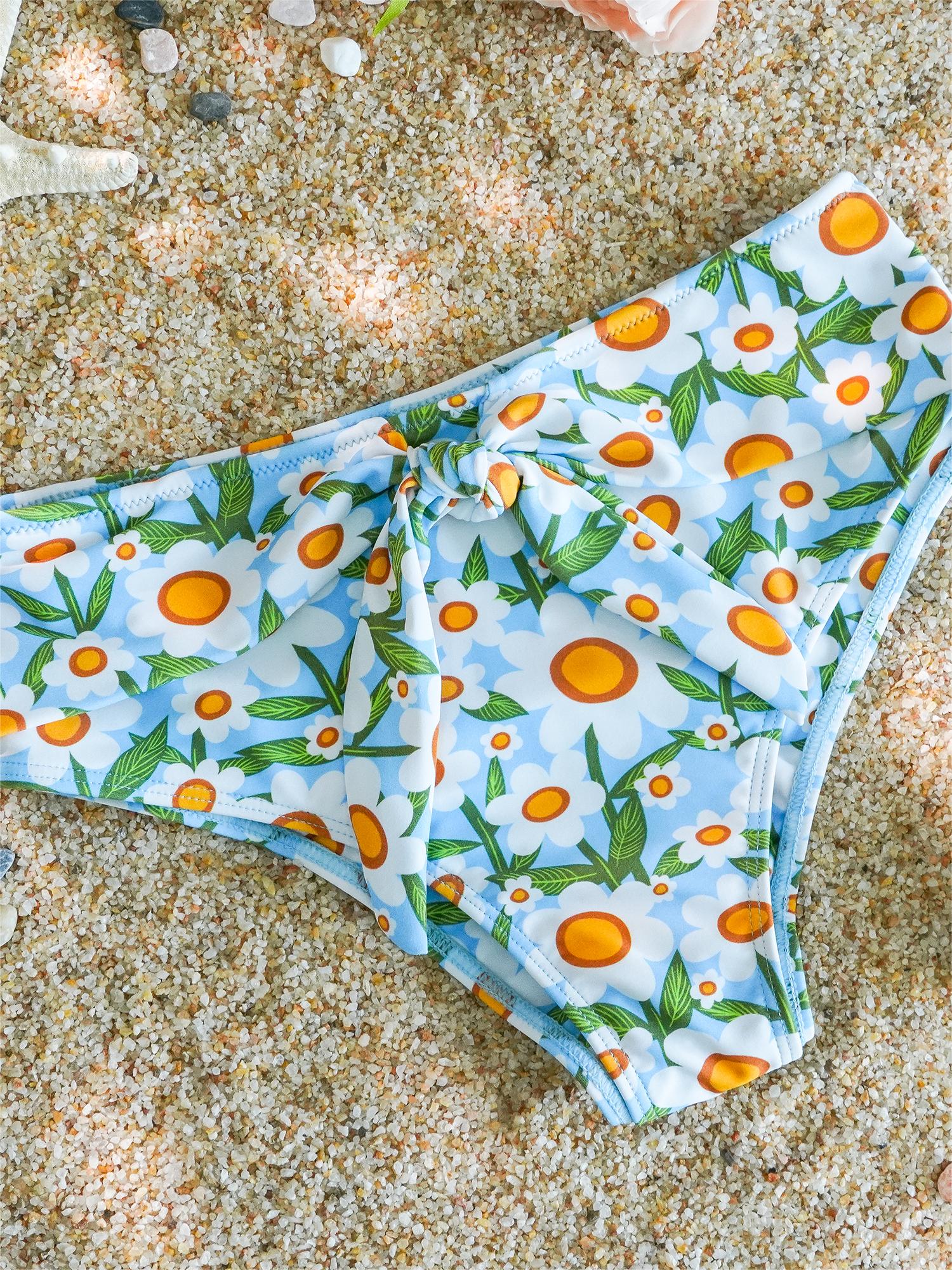 Blue Floral Print Double layer High-Waisted Bikini Set - Image 9
