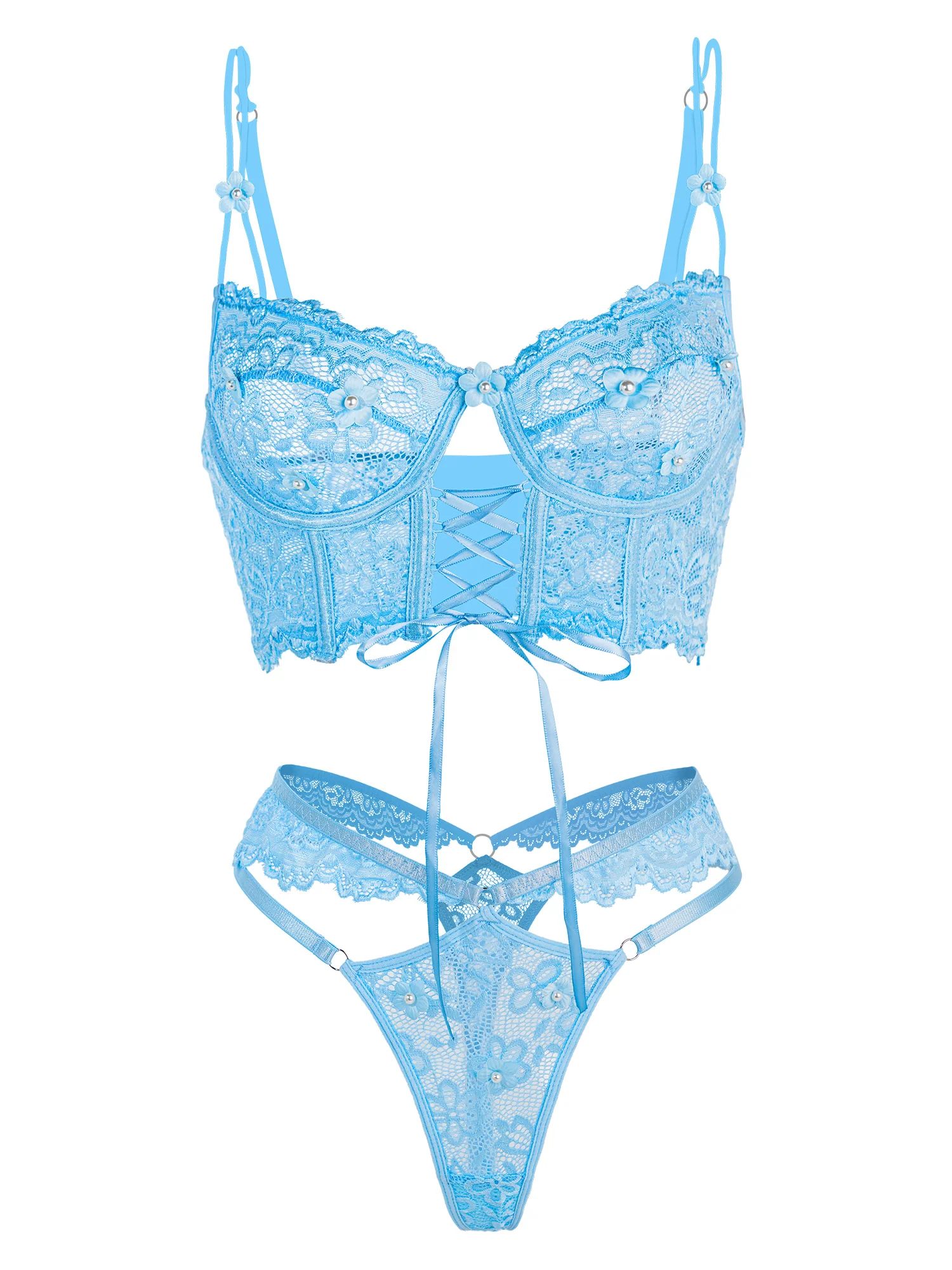 Blue Pearls Small Flower Lace Lingerie Set - Image 3