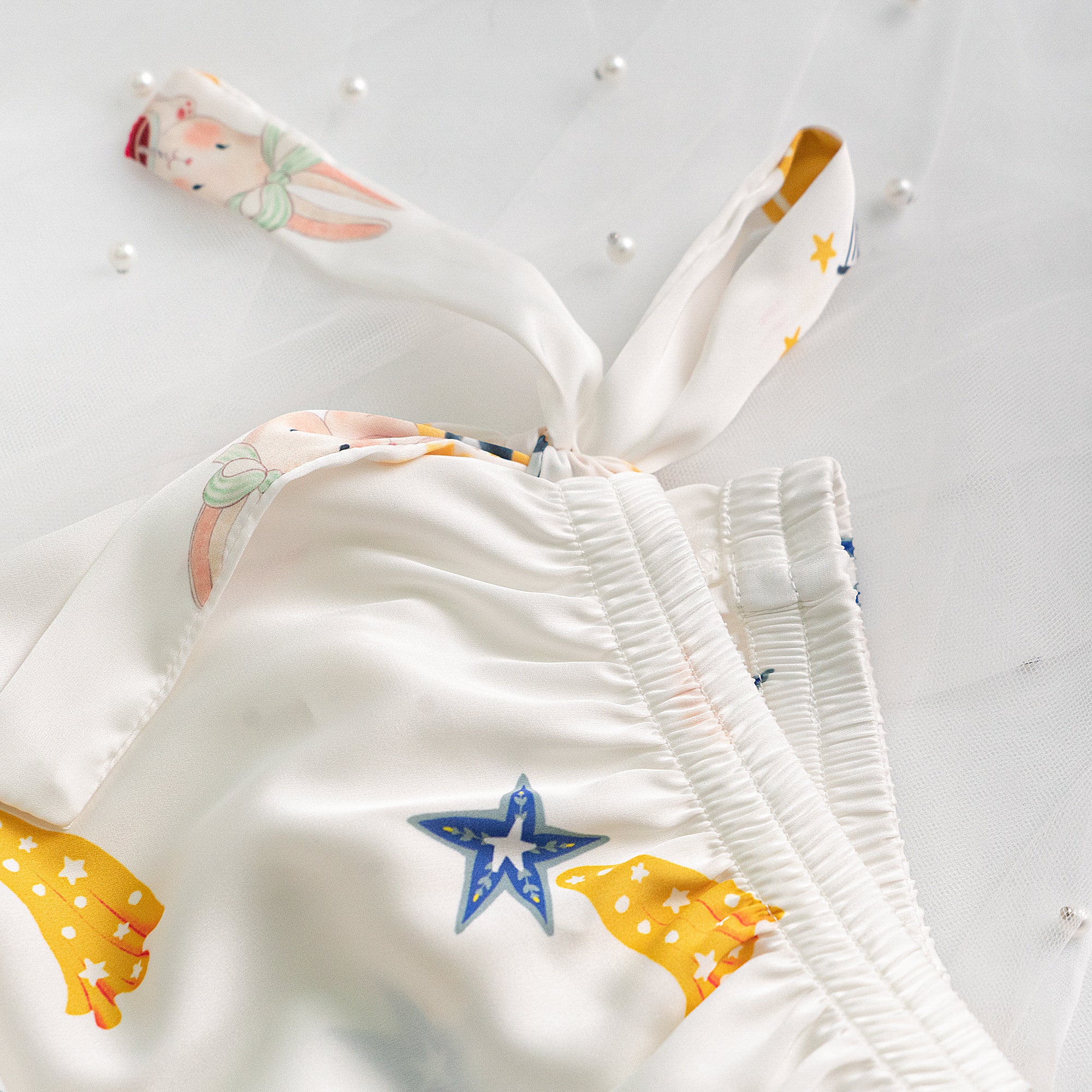 Blue Stripe Cartoon Print Silky Satin Pajamas Set - Image 10