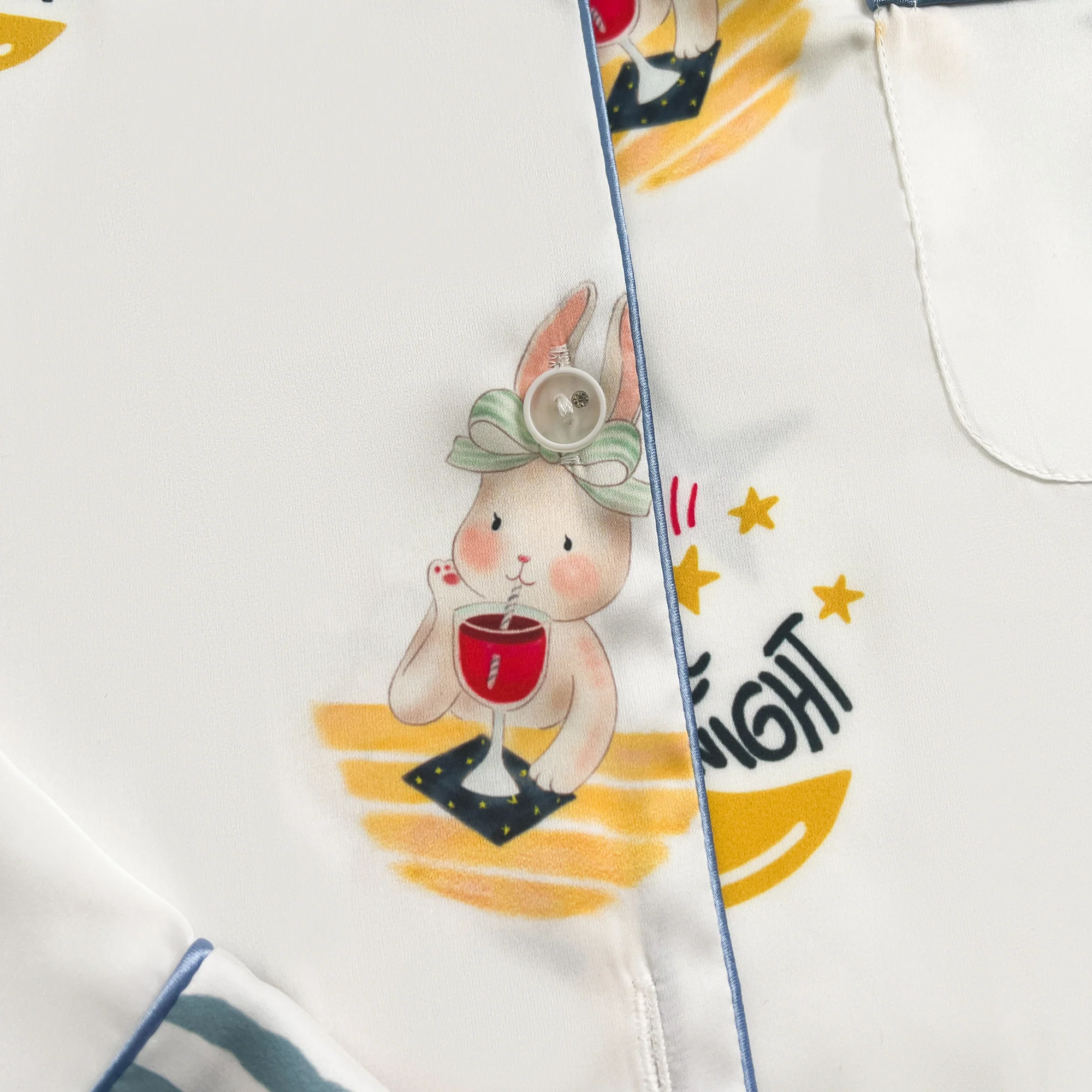 Blue Stripe Cartoon Print Silky Satin Pajamas Set - Image 13