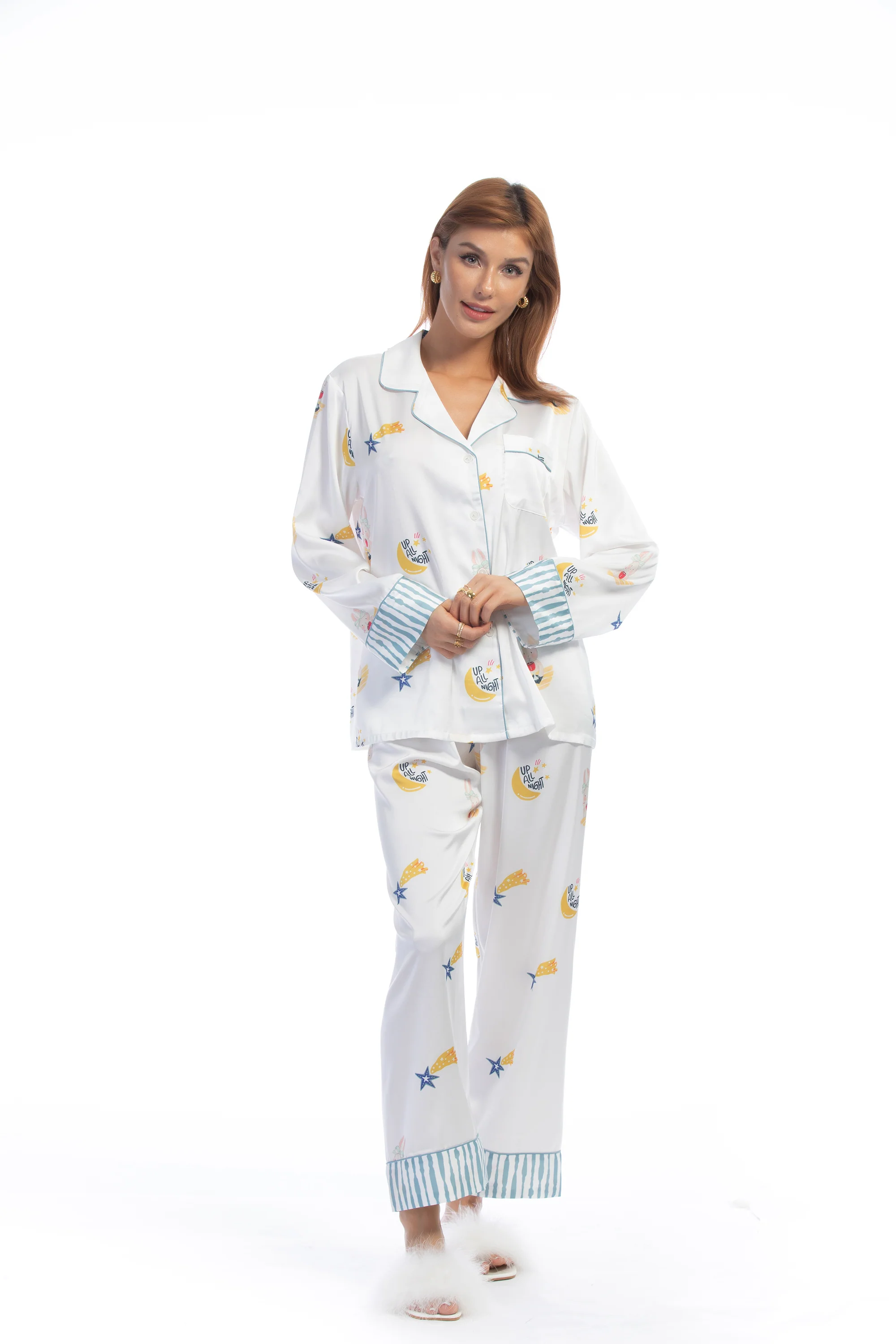 Blue Stripe Cartoon Print Silky Satin Pajamas Set - Image 5