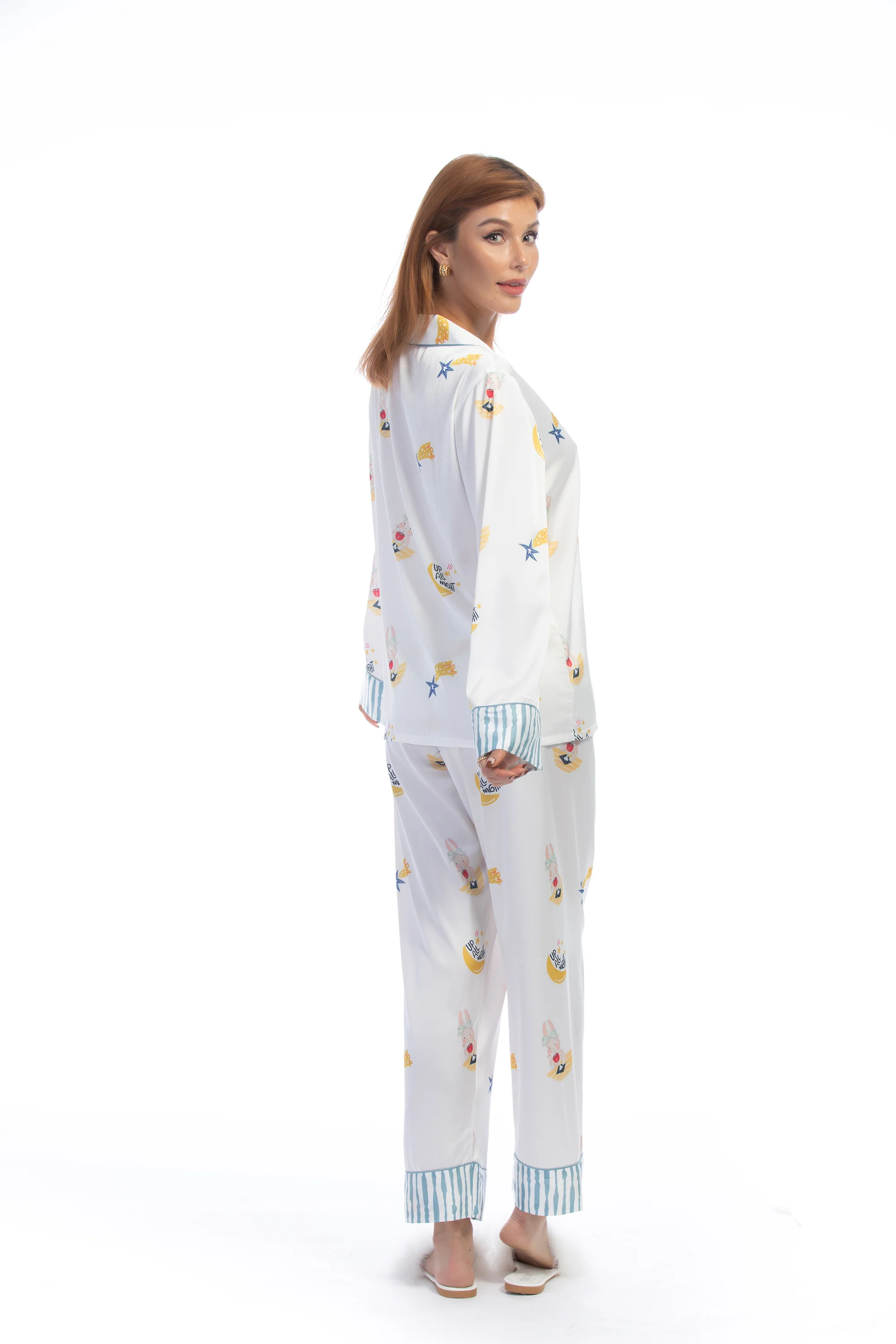 Blue Stripe Cartoon Print Silky Satin Pajamas Set - Image 6