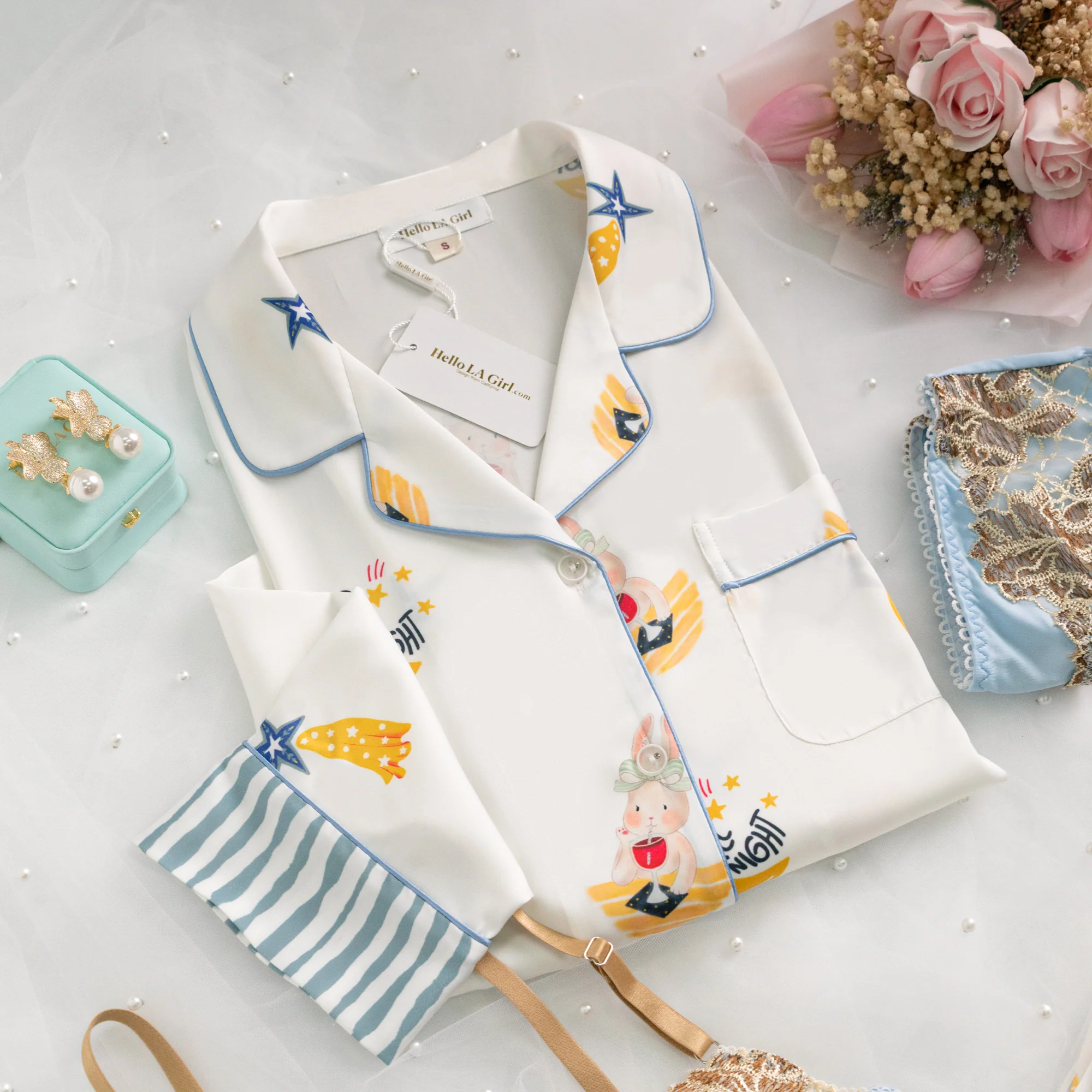 Blue Stripe Cartoon Print Silky Satin Pajamas Set - Image 7