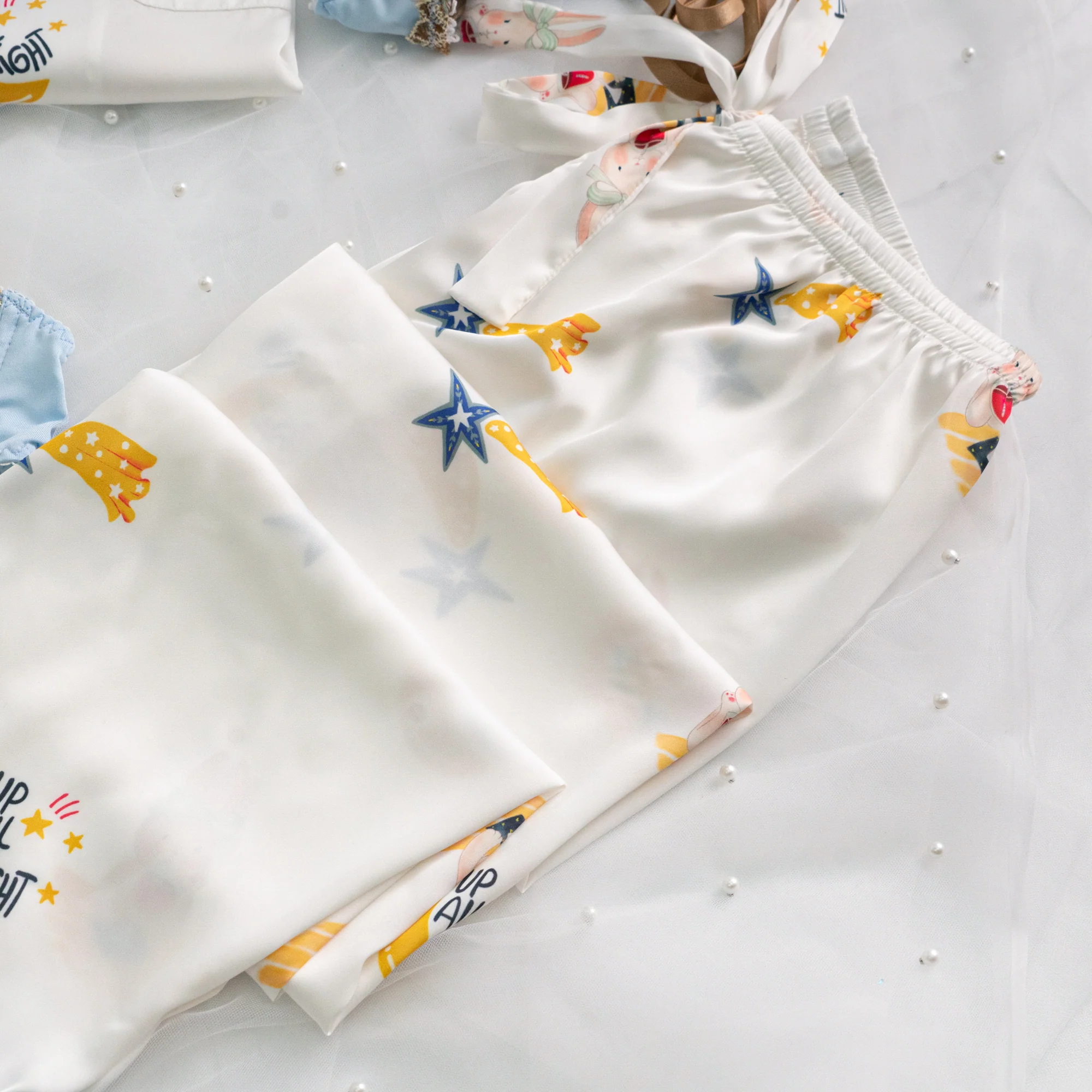 Blue Stripe Cartoon Print Silky Satin Pajamas Set - Image 8