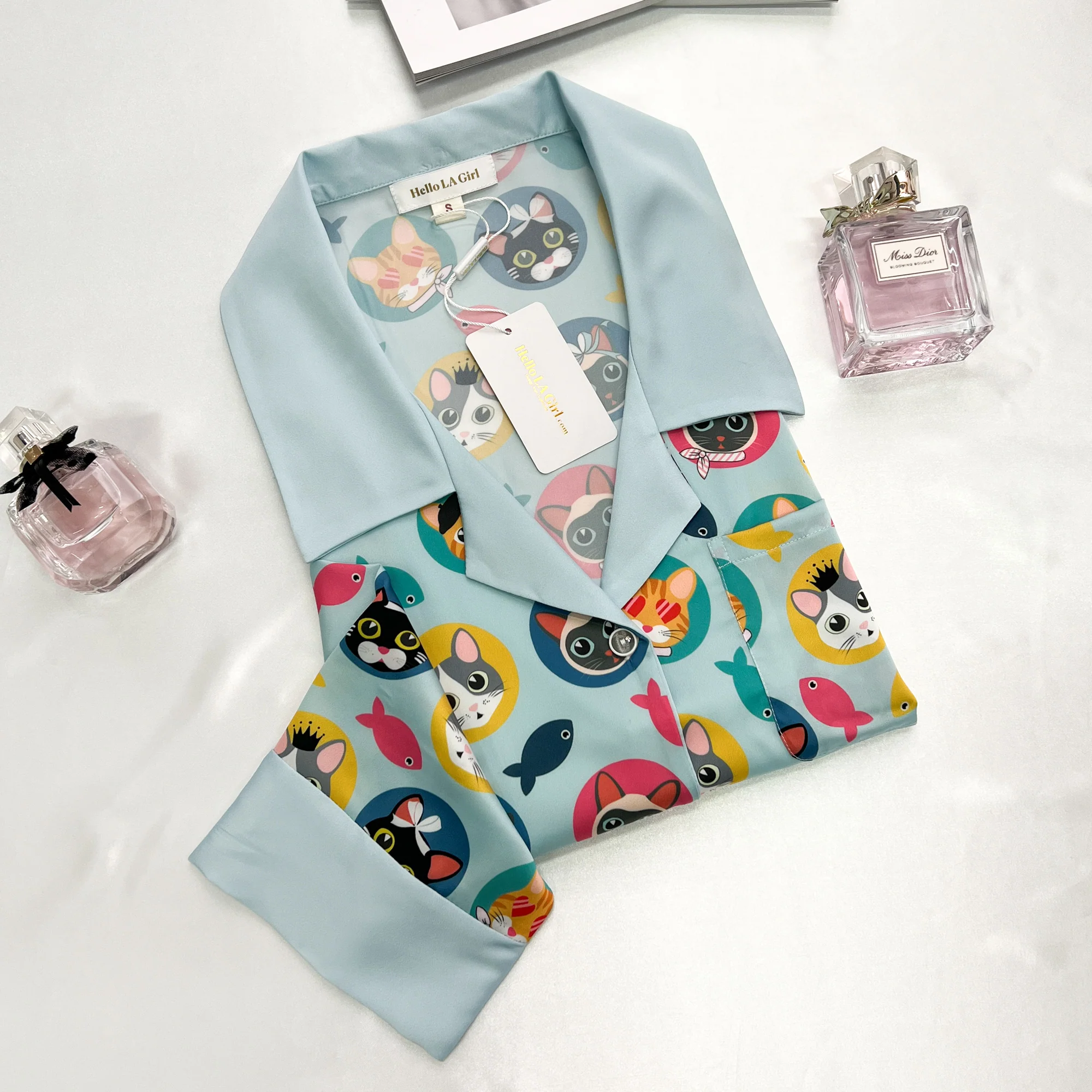 Cats Print Blue Sleep Shirt Silky Satin Pajamas Sleepshirt - Image 10