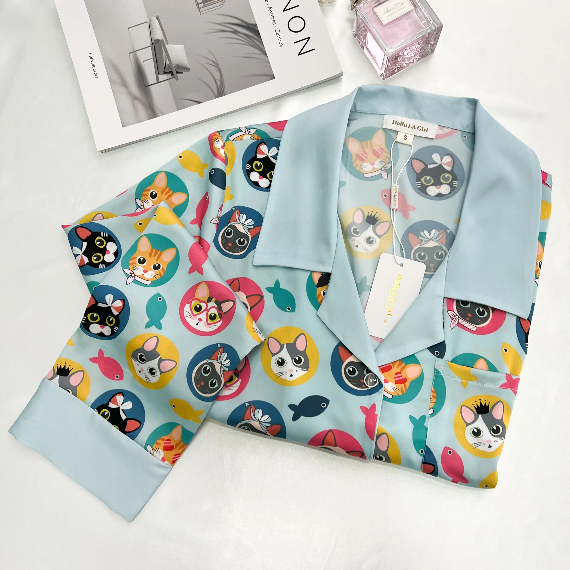 Cats Print Blue Sleep Shirt Silky Satin Pajamas Sleepshirt - Image 11