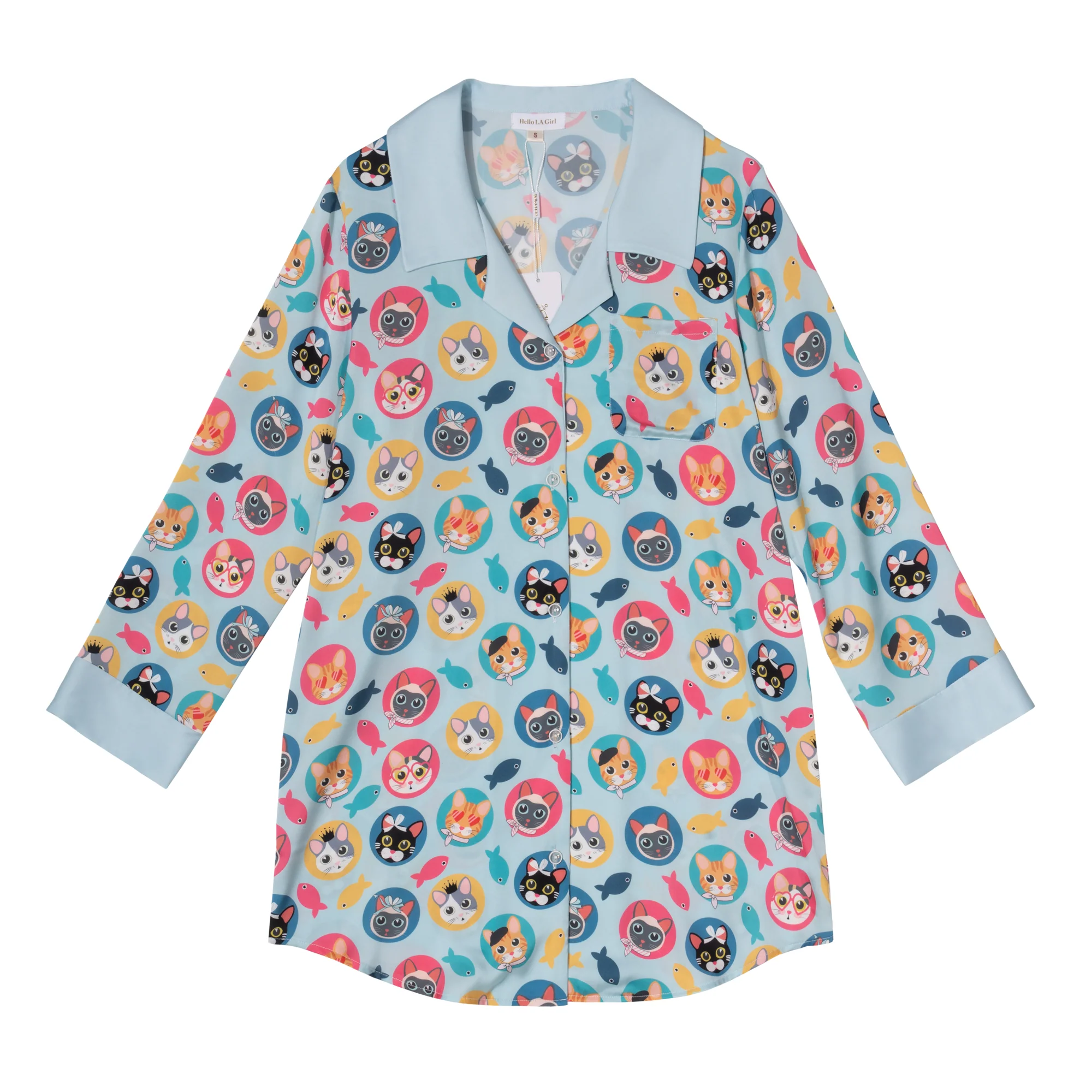 Cats Print Blue Sleep Shirt Silky Satin Pajamas Sleepshirt - Image 5