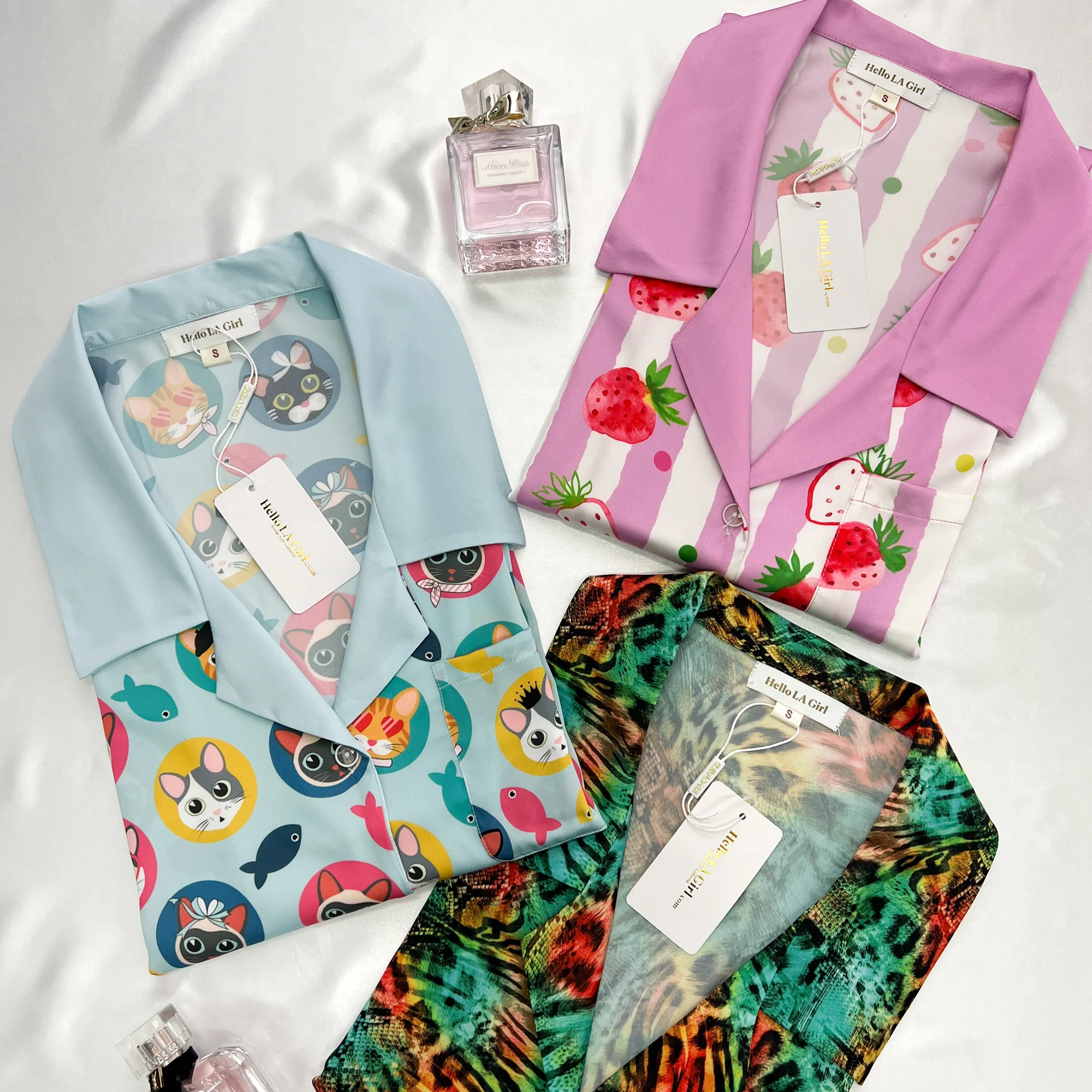 Cats Print Blue Sleep Shirt Silky Satin Pajamas Sleepshirt - Image 9