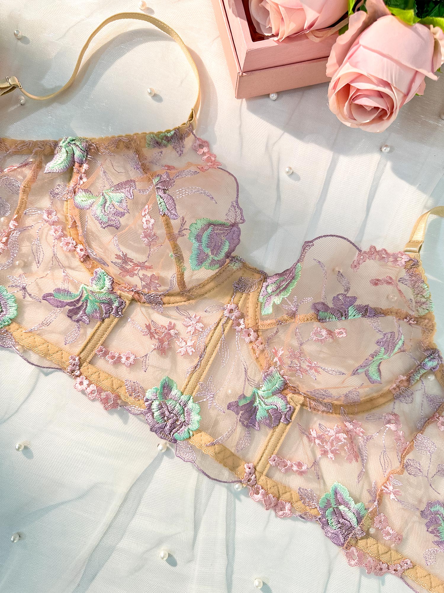 Champagne Floral Sexy Sheer Embroidered Lingerie Set - Image 19