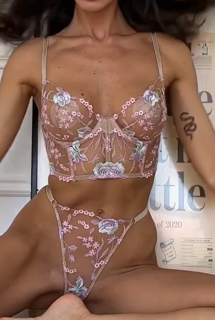 Champagne Floral Sexy Sheer Embroidered Lingerie Set - Image 3
