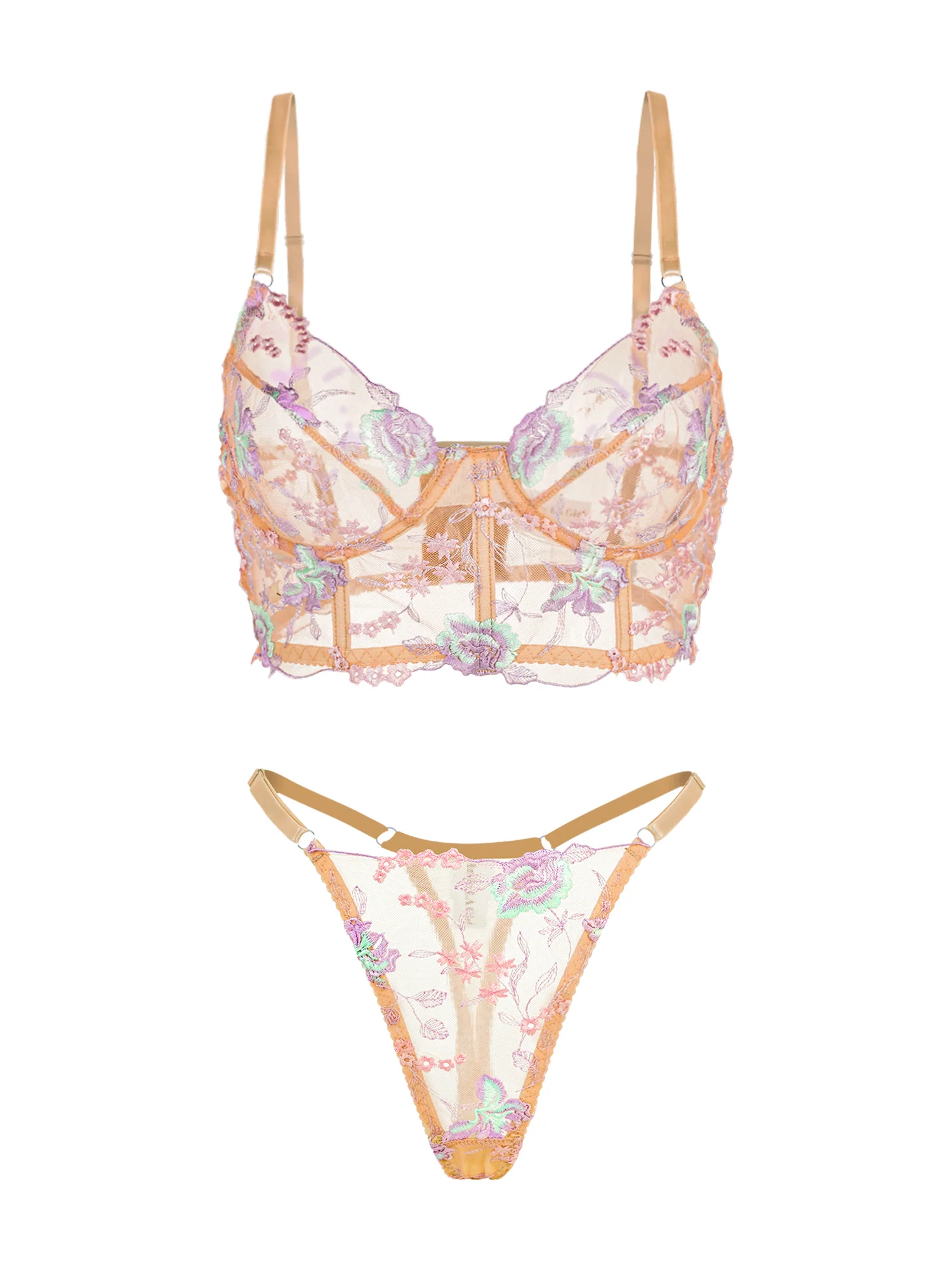 Champagne Floral Sexy Sheer Embroidered Lingerie Set - Image 5