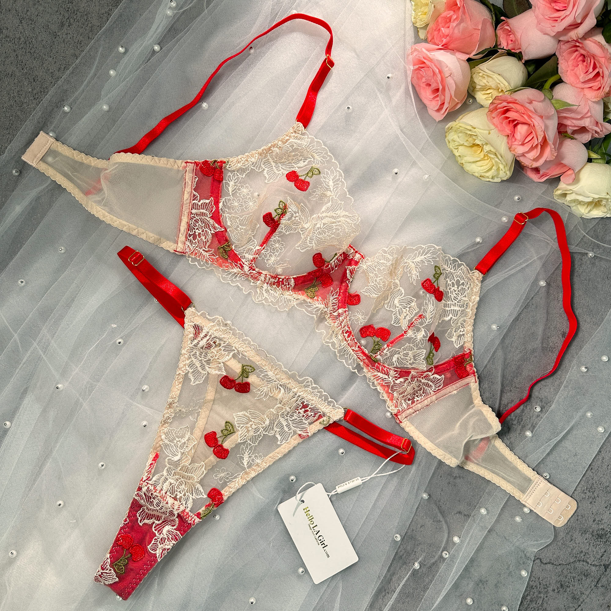 Cherry Blossom Sheer Lace Lingerie Set - Image 3