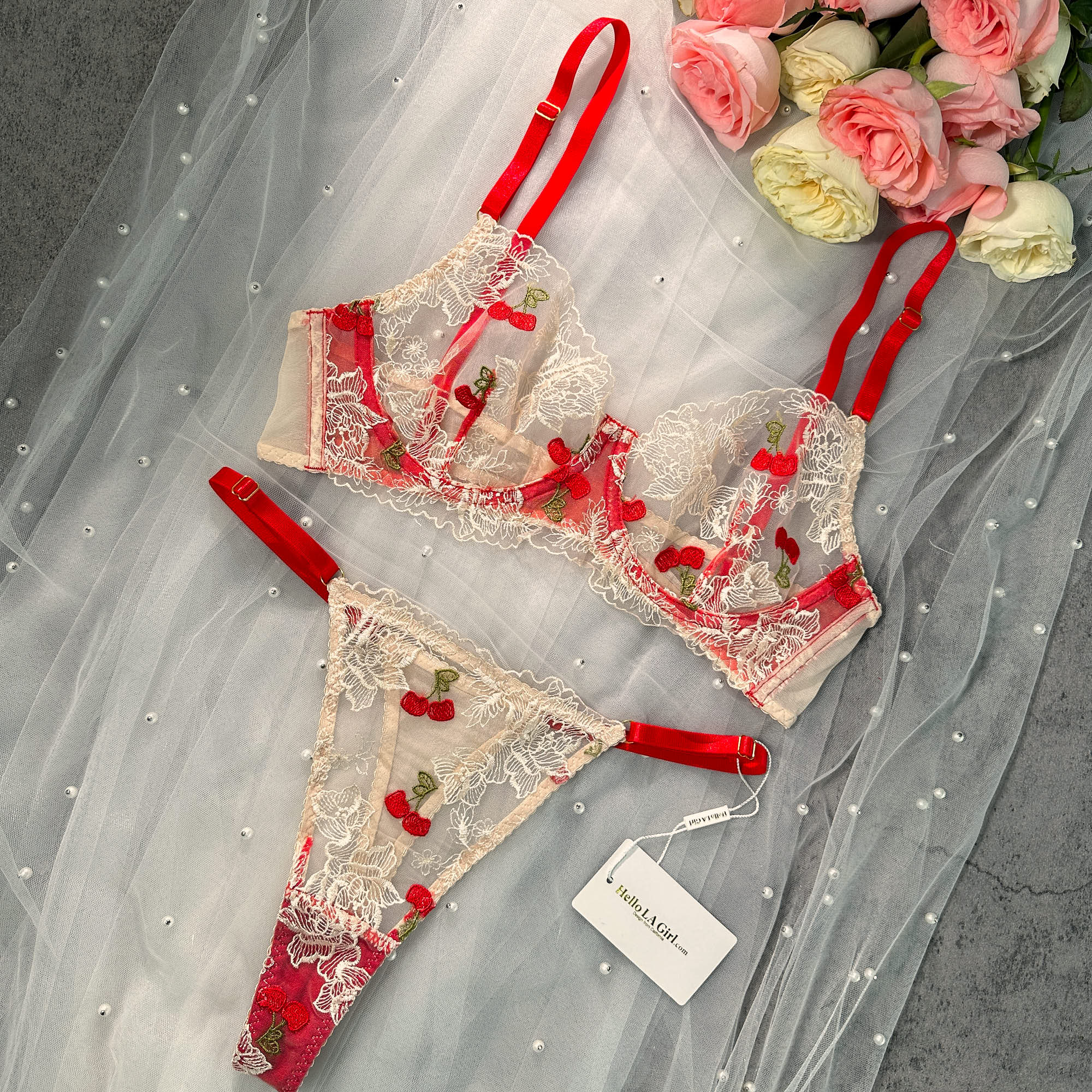 Cherry Blossom Sheer Lace Lingerie Set - Image 4