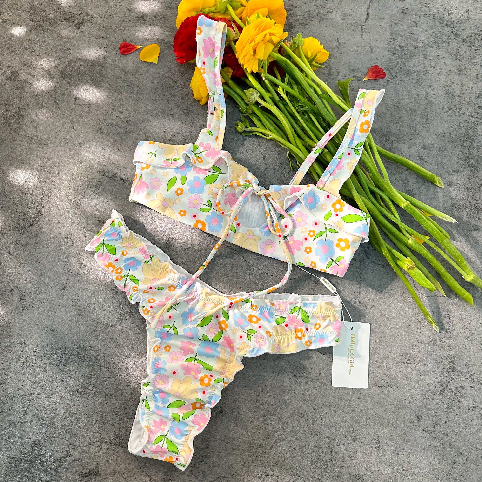 Colored Digital Printing Lace Push Up Hollow Bikini Set - Image 4