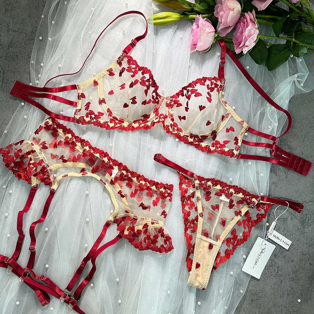 Crimson Petal Embroidery Sheer Lingerie Set - Image 5
