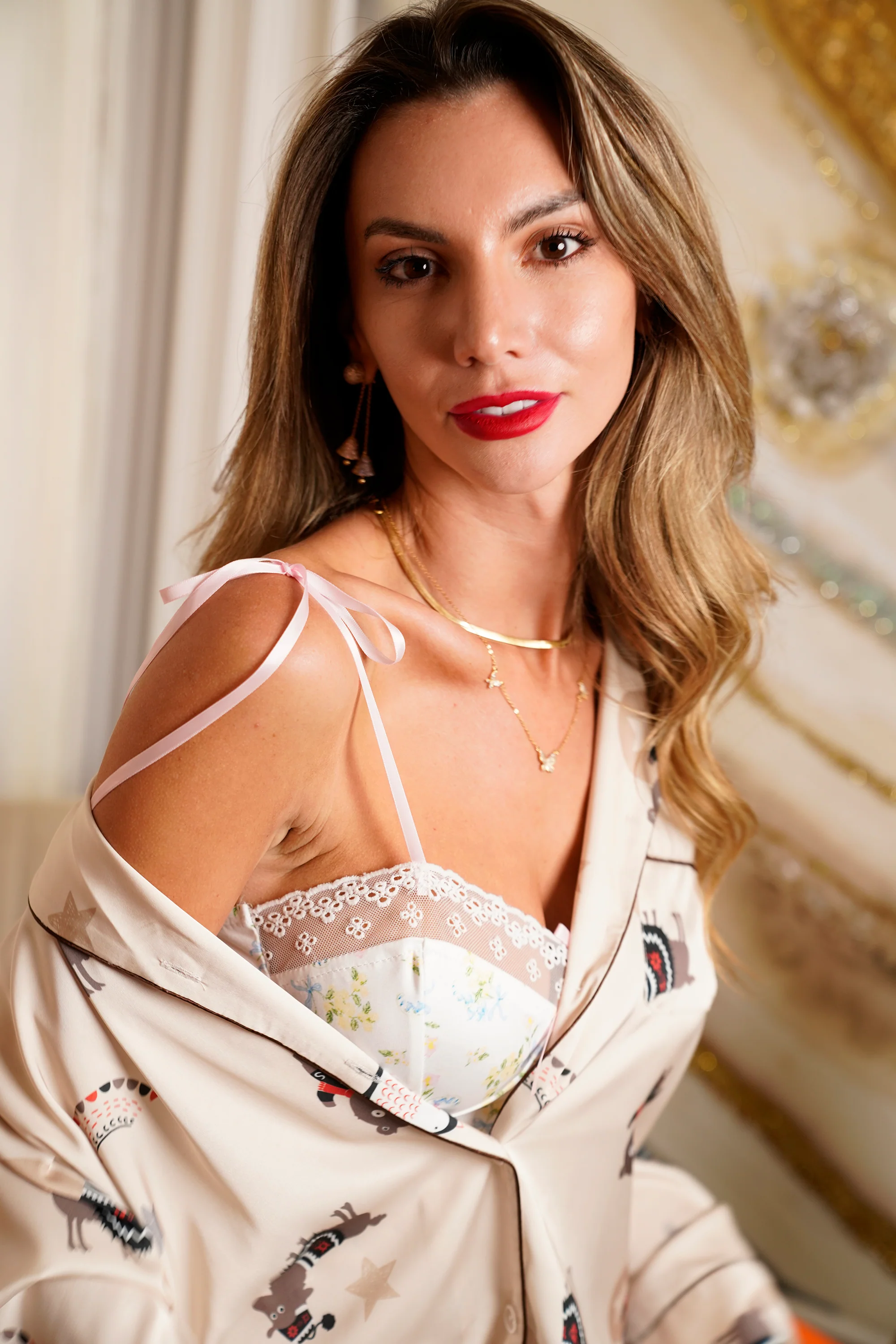 Cute Animal Print White Silky Satin Pajamas Set - Image 4