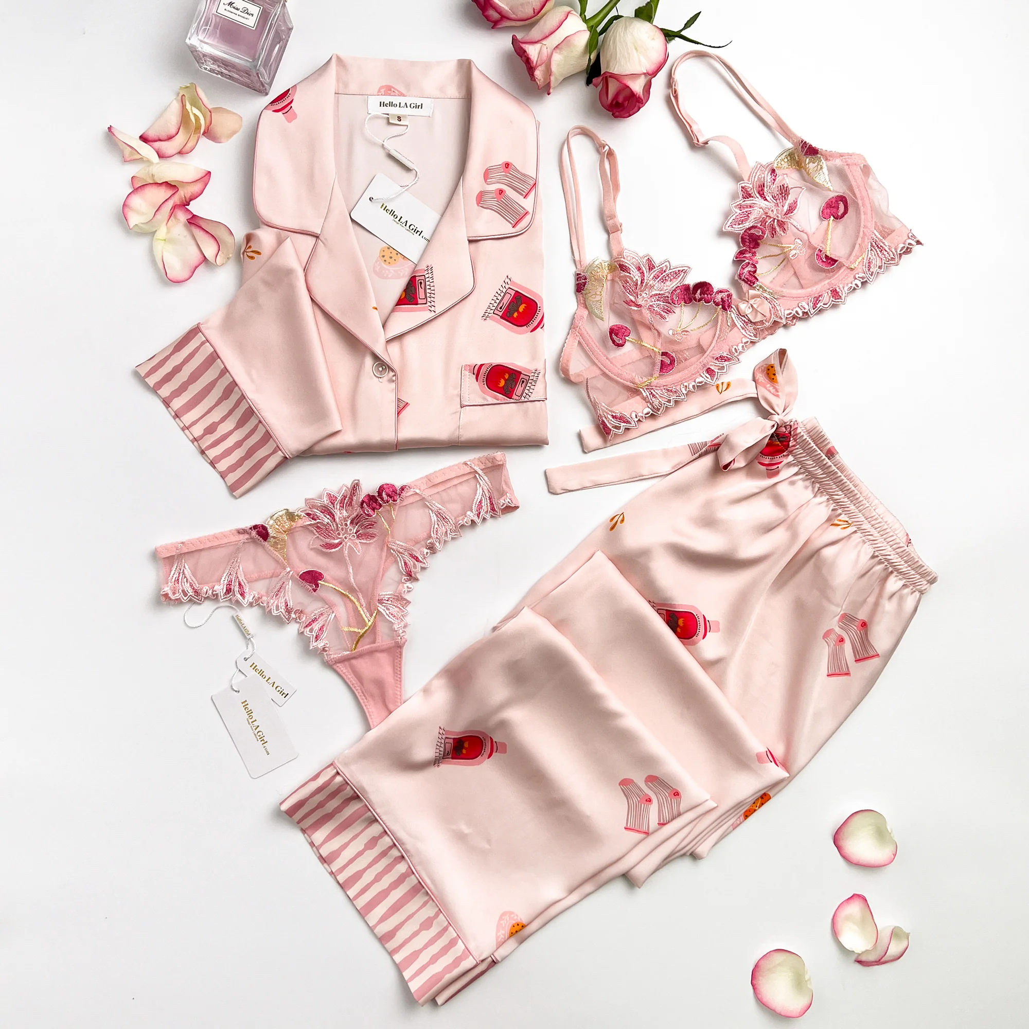 Cute Pink Stripe Pattern Silky Satin Pajamas Set - Image 4