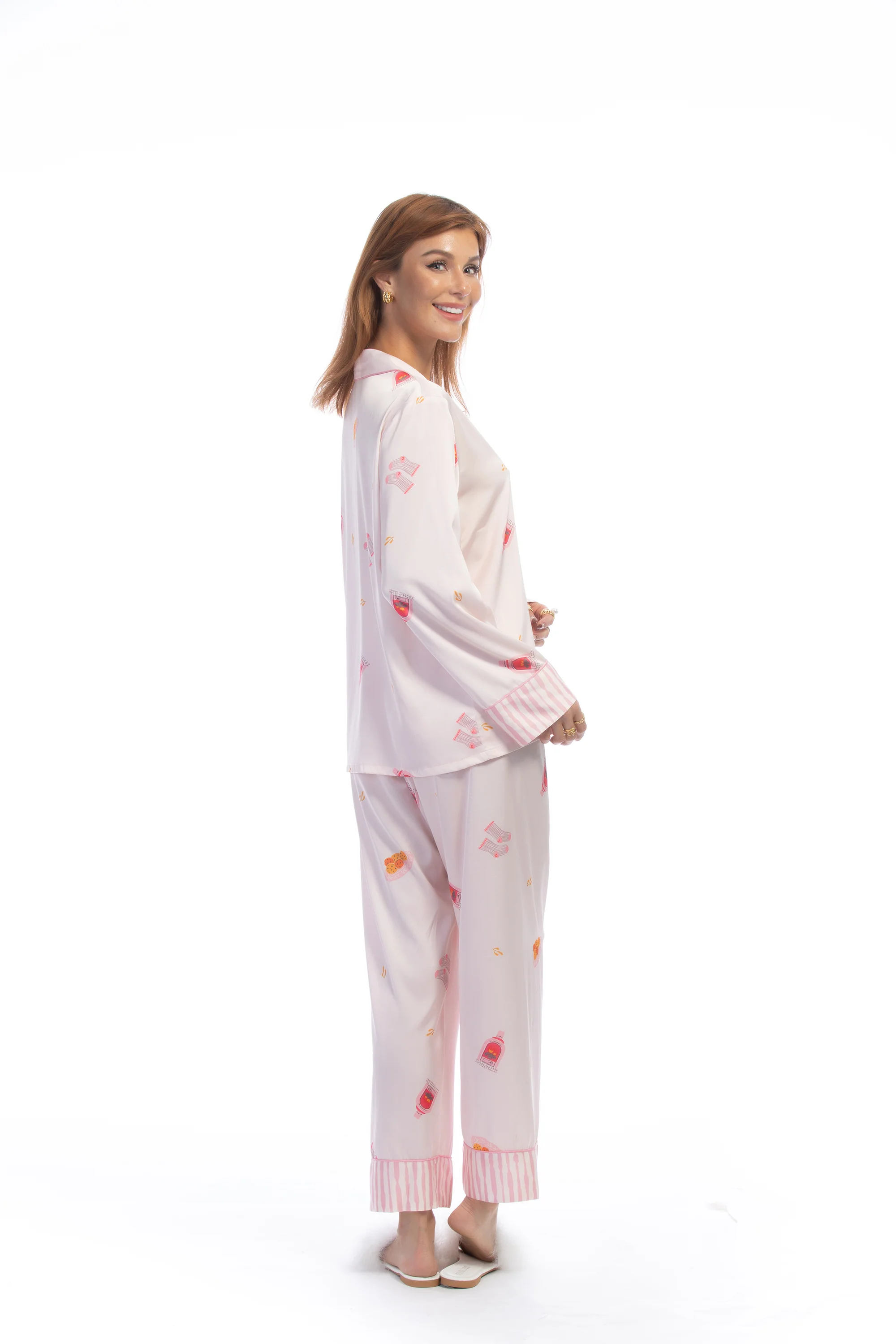 Cute Pink Stripe Pattern Silky Satin Pajamas Set - Image 6