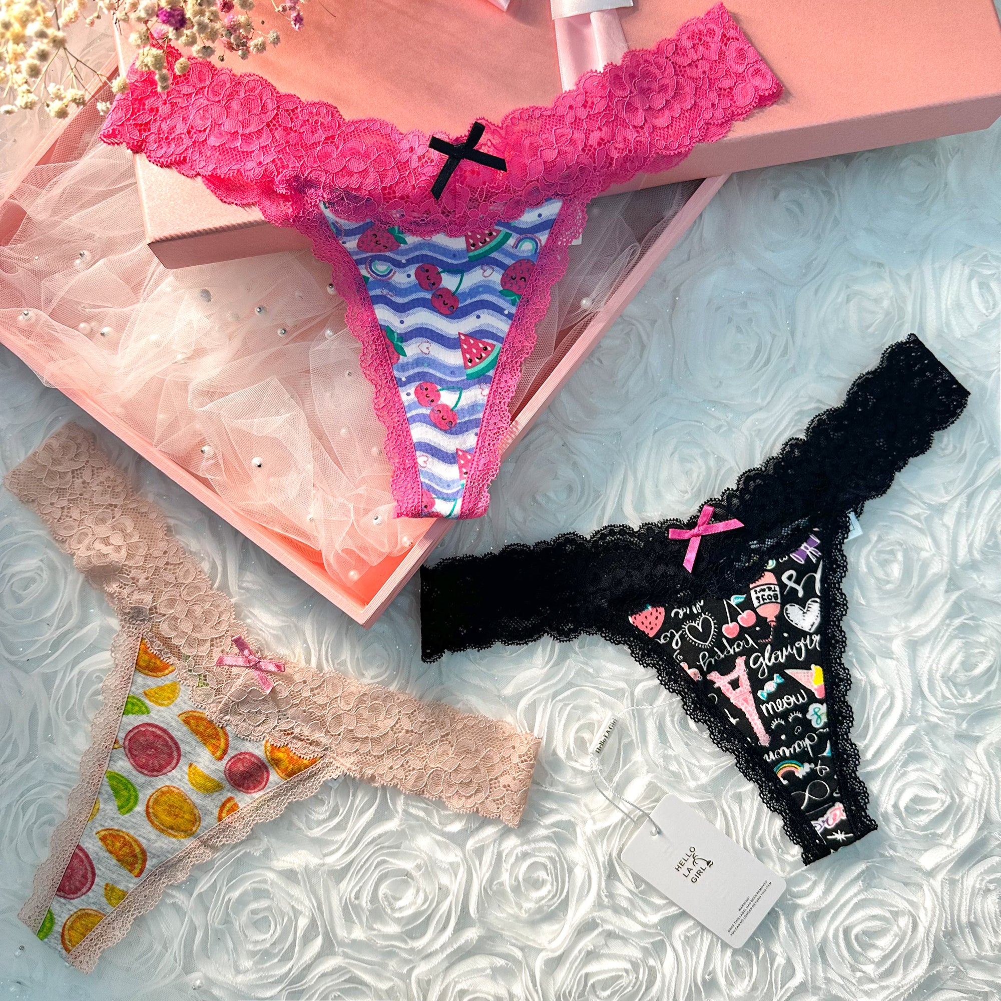 Fruit Print T Back Lace Low Waist Cotton Seamless 3 Pack Thongs - Image 3