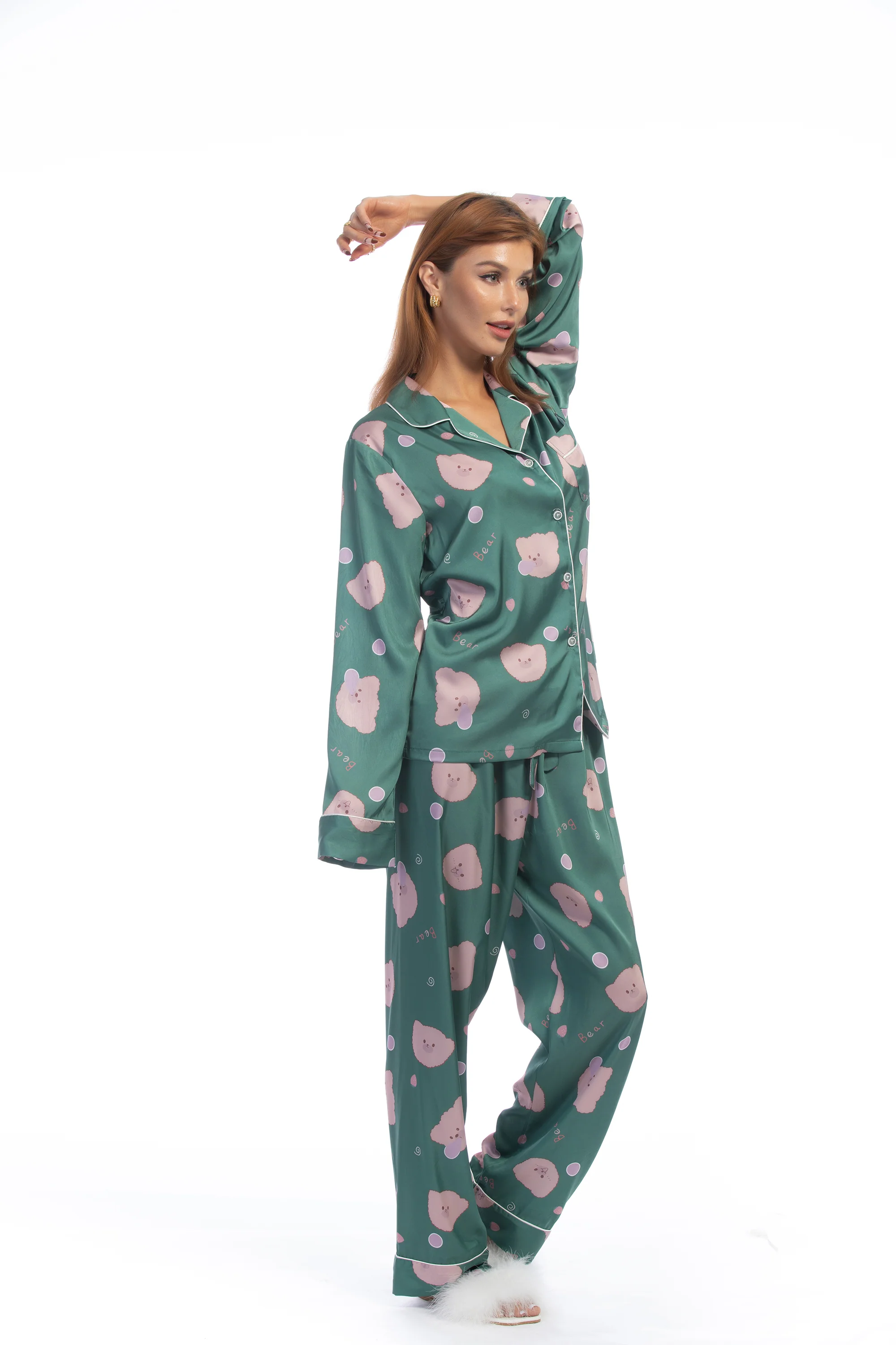 Green Bear Print Silky Satin Pajamas Set - Image 13